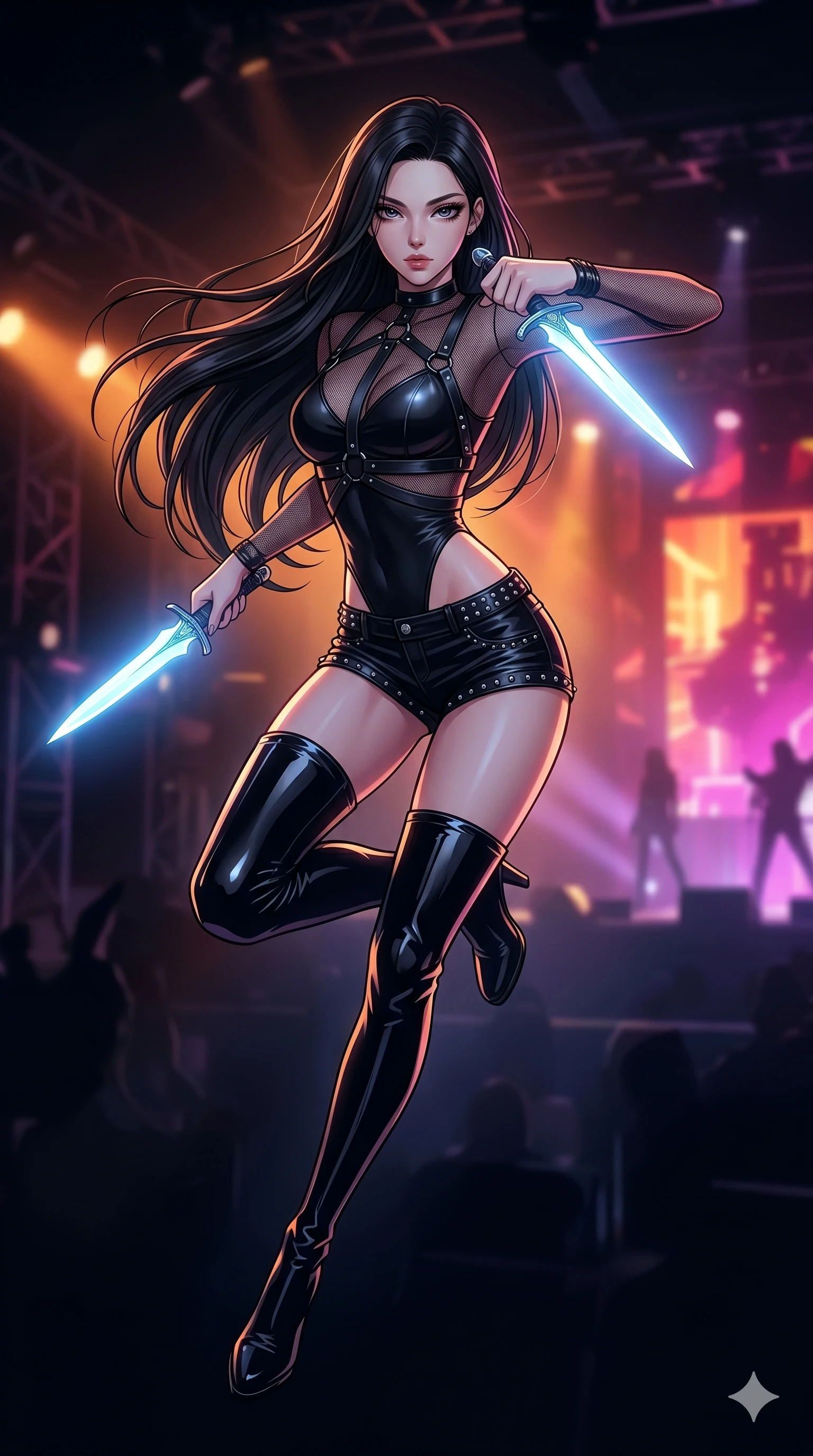 score_9, masterpiece, best quality, ultra-detailed, high-budget anime movie keyframe, cinematic anime lighting, intricate line art, Japanese woman. Mid-air action shot capturing a graceful twist and vertical silhouette. lunging from the shadows with a pair of glowing daggers. She has an absolutely perfect 8-heads proportion, an exceptionally tall and slender female figure with an ultra-slim waist and impossibly long slender legs. strictly human anatomy, two legs only, no extra limbs, clearly defined legs and arms, perfect anatomy, perfect hands and fingers. sharp v-shaped jawline, high-bridge nose, intricate jewel-like eyes, thick eyelashes, glossy lips. Wearing K-Idol Stage: Leather harness over mesh, high-cut bodysuit, studded micro-shorts, and thigh-high patent boots. The scene is illuminated by dramatic atmospheric lighting and vibrant color palettes. , 2k, ultra detail, master piece, 9:16 ratio
