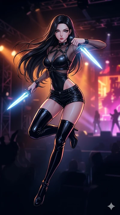 score_9, masterpiece, best quality, ultra-detailed, high-budget anime movie keyframe, cinematic anime lighting, intricate line art, Japanese woman. Mid-air action shot capturing a graceful twist and vertical silhouette. lunging from the shadows with 