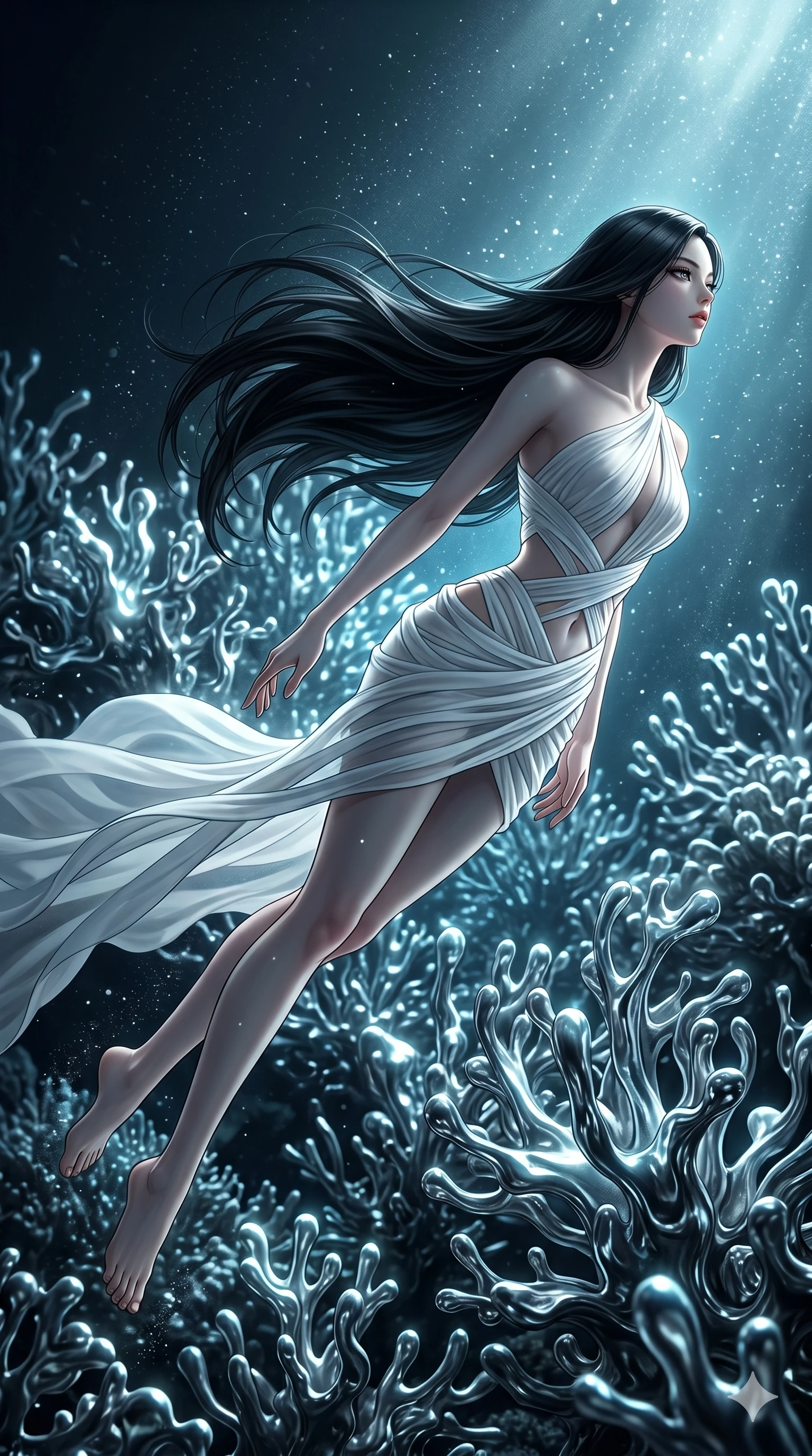 score_9, masterpiece, best quality, ultra-detailed, high-budget anime keyframe, Korean woman. low angle full-body shot filling the entire 9:16 frame with her statuesque presence, stretching the vertical silhouette. diving through a bionic fluid mercury reef where self-replicating liquid chrome corals pulse under dark ocean water. She has an absolutely perfect 8-heads proportion, an exceptionally tall and slender female figure with impossibly long slender legs and an ultra-slim waist. V-shaped jawline, high-bridge nose, intricate jewel-like eyes with depth, thick eyelashes, glossy lips with a natural sheen.. wearing an asymmetric chiffon draped couture mini dress, featuring draped white chiffon fabric twisting around her body with elegant diamond cutouts on the waist. illuminated by dramatic chiaroscuro casting soft shadows along her curves, with vibrant backlighting highlighting the dust particles. 2k, ultra detail, master piece, 9:16 ratio