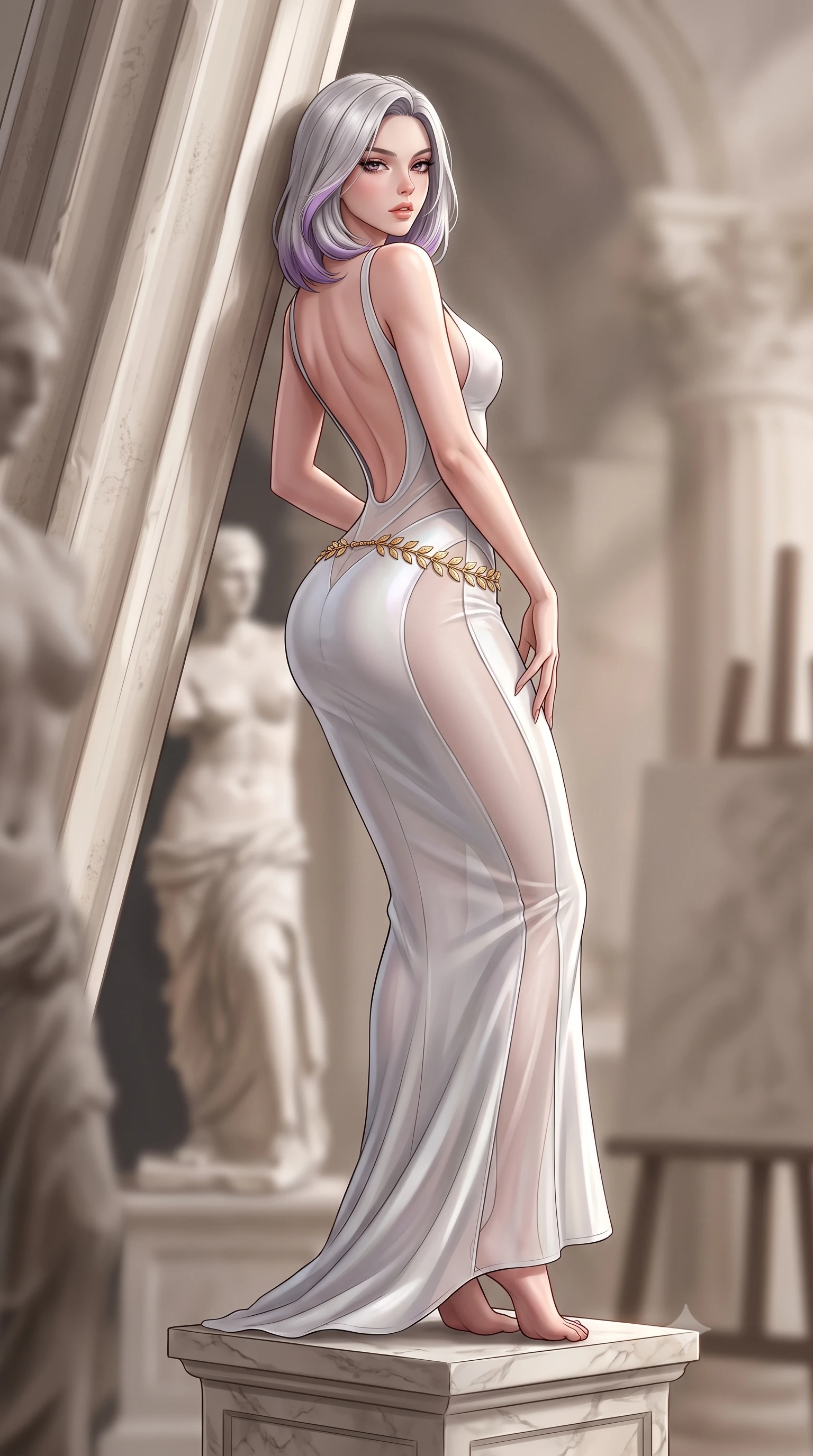 score_9, masterpiece, best quality, ultra-detailed, high-budget anime keyframe, semi-realistic 3D game render, editorial fashion photography, tasteful artistic composition, Caucasian woman. low angle full-body shot from head to toe showing her feet, filling the entire 9:16 vertical frame with her statuesque presence, stretching her vertical silhouette. leaning deep against the structural architecture with hips cocked in an unapologetically bold, seductive high-fashion stance while perching on a classical marble pedestal with back arched like a Renaissance sculpture, hips tilted in a dramatic contrapposto pose. The composition keeps background elements in soft focus with creamy bokeh. towering plaster neoclassical statues and canvas easel silhouettes blurred into creamy alabaster, charcoal, and warm stone bokeh. She has an absolutely perfect, statuesque 8.5-heads proportion, an exceptionally tall and slender model-like female figure with impossibly long slender legs, a toned flat midriff, an ultra-slim waist, and beautifully sculpted feminine hips. sharp v-shaped jawline, high-bridge nose, intricate jewel-like eyes with depth, thick eyelashes, glossy parted lips with a natural sheen, intensely captivating and seductive bedroom-eyes expression, flawlessly proportioned anatomical accuracy, strict slender model proportions, natural body alignment, perfectly sculpted long slender limbs, ultra-slim waistline, clean dynamic posture without body distortion. wearing a sculpted white liquid jersey goddess gown with an ultra-deep scooped open back and hip-hugging mermaid silhouette in pearlescent stone white and soft silver, made of sheer contouring power-mesh panels with anatomical curve lines, accented with a delicate golden laurel leaf waist chain framing the curve of her hips, the liquid-tight tailored fabric clinging flawlessly to her narrow waist and rounded feminine hips, emphasizing every millimeter of her sculpted hourglass curves during movement. surrounded by a divine, timeless, and breathtakingly majestic living sculpture goddess aura. highly saturated vibrant anime colors, detailed shading with soft gradients, rich glossy textures, high-contrast stereoscopic depth, volumetric dynamic lighting, master piece, 9:16 ratio