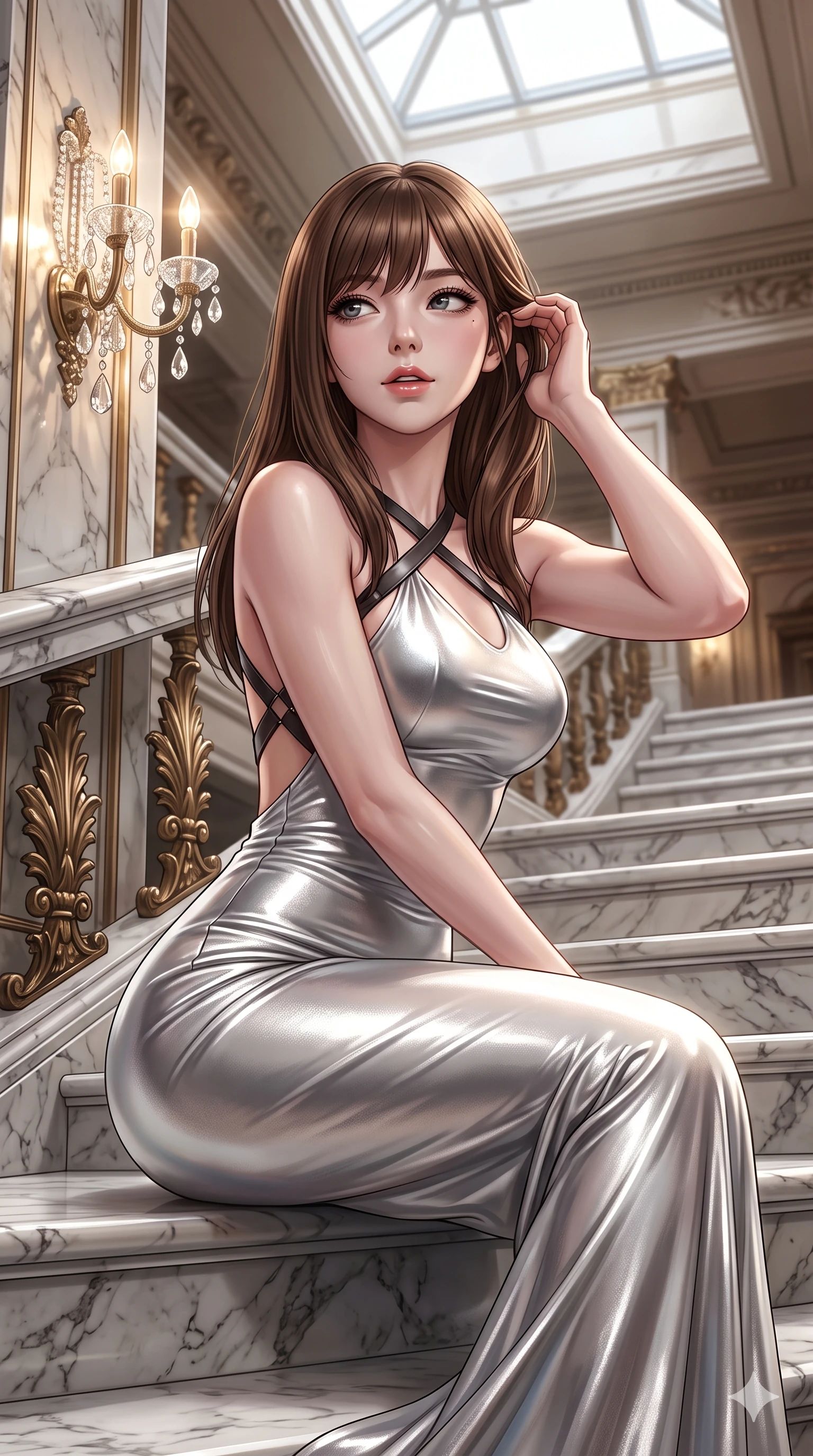score_9, masterpiece, best quality, ultra-detailed, high-budget anime keyframe, semi-realistic 3D game render, editorial fashion photography, tasteful artistic composition, Korean woman. close-up cowboy shot from the waist and thighs up, the character dominates the composition, filling the frame with her large presence. gently brushing a lock of hair behind her ear while casting a playful, flirtatious side-gaze with long eyelashes while sitting poised on the polished Carrara marble steps with one knee bent, arching her spine with supermodel elegance as she glances upward through thick eyelashes. The surrounding environment is rendered in vivid detail and crisp panoramic clarity: sharp marble step vein textures, crisp cast-bronze acanthus leaf details, and crystal wall sconce facets in deep focus. She has an exceptionally elegant, slender, and willowy female figure with an ultra-slim waist, flat toned midriff, narrow ribcage, and sculpted feminine hips creating an alluring, slim hourglass silhouette without bulk. sharp v-shaped jawline, high-bridge nose, intricate jewel-like sparkling eyes with depth, thick eyelashes, glossy parted lips with a natural sheen, intensely captivating and seductive bedroom-eyes expression, exuding both youthful cute charm and sovereign luxury allure, flawlessly proportioned anatomical accuracy, strict slender model proportions, natural body alignment, perfectly sculpted long slender limbs, ultra-slim waistline, clean dynamic posture without body distortion. wearing a form-fitting liquid mercury jersey evening dress clinging smoothly to her narrow waist and rounded hips in shimmering silver mercury and pearl white, crafted from luxurious metallic lamé that shifts radiance with every step, featuring an open-back criss-cross harness strap in dark leather, the bespoke structured tailoring following the natural line of her 8.5-heads silhouette with refined elegance. bathed in the warm luminous glow of crystal wall sconces and grand overhead skylights filtering soft diffuse daylight. highly saturated vibrant anime colors, detailed shading with soft gradients, rich glossy textures, high-contrast stereoscopic depth, volumetric dynamic lighting, master piece, 9:16 ratio