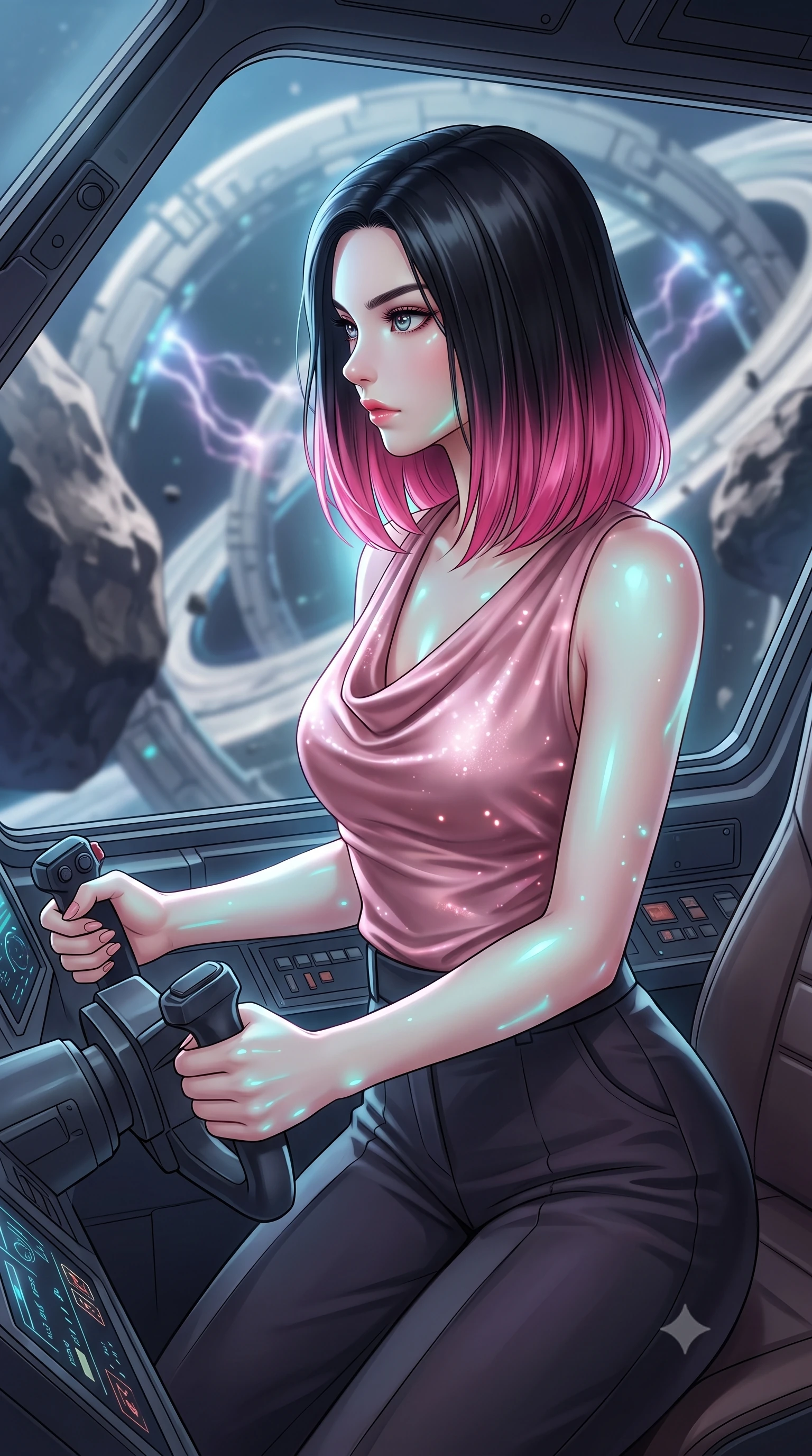 score_9, masterpiece, best quality, ultra-detailed, high-budget anime keyframe, editorial fashion photography, tasteful artistic composition, Korean woman. close-up cowboy shot from the waist and thighs up, the character dominates the composition, filling the frame with her large presence, background elements kept in soft focus. Piloting a starfighter through a tight asteroid gap, hands tight on the flight yoke, looking sharply left. set against a soft-focus background of a platform inside a giant rings-structure hyper-space gate, energy arcs connecting the rings in space. She has an exceptionally elegant and slender, willowy female figure with an ultra-slim waist, a gracefully sculpted slender torso, and a refined slim physique. sharp v-shaped jawline, high-bridge nose, intricate jewel-like eyes with depth, thick eyelashes, glossy lips with a natural sheen. wearing catching and diffusing the glowing particles, shimmering softly in response to the surrounding light, a body-hugging draped cowl-neck top in dusty pink satin, paired with high-waisted tailored trousers in deep charcoal. highly saturated vibrant anime colors, intense vivid color palette, soft 3D volumetric shading, volumetric dynamic lighting, soft aqua bioluminescent light making her skin luminously glow against darkness. 2k, ultra detail, master piece, 9:16 ratio