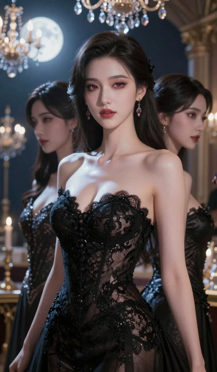 score_9, masterpiece, best quality, ultra-detailed, semi-realistic high-budget anime keyframe, an incredibly beautiful Korean woman. Medium shot of upper body focusing on her alluring features. She is a high-society vampire queen in a moonlit ballroom. She has an absolutely perfect 8-heads proportion, a towering and slender female figure. Her face is a masterpiece with porcelain skin and ruby eyes. She is wearing a high-cut black lace gown, highlighting her alluring silhouette. Moonbeams and crystal chandeliers, radiant glowing skin, dramatic rim lighting, 2k, ultra detail, master piece, 9:16 ratio