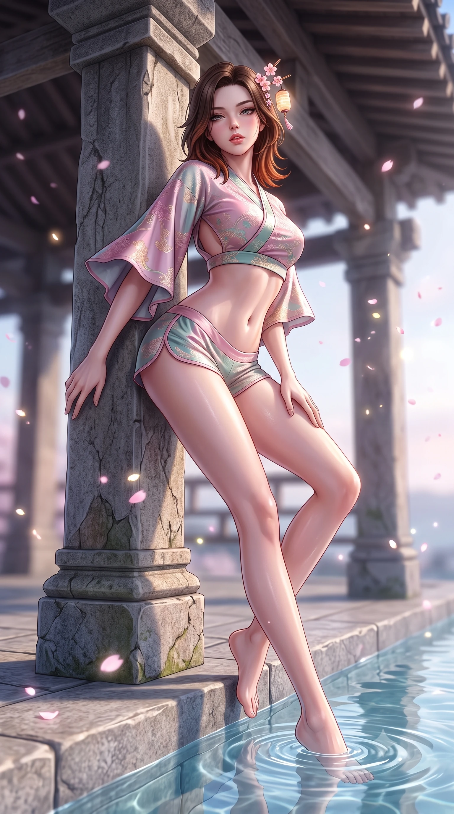score_9, masterpiece, best quality, ultra-detailed, high-budget anime keyframe, semi-realistic 3D game render, editorial fashion photography, tasteful artistic composition, Korean woman. low angle full-body shot from head to toe showing her feet, filling the entire 9:16 vertical frame with her statuesque presence, stretching her vertical silhouette. leaning deep against the structural architecture with hips cocked in an unapologetically bold, seductive high-fashion stance while sitting on the stone infinity pool edge with legs dipped in water, turning her upper body in an alluring S-curve toward the camera. The composition keeps background elements in soft focus with creamy bokeh. thermal pool ripple caustics and drifting sakura petals scattering soft luminous light motes. She has an absolutely perfect, statuesque 8.5-heads proportion, an exceptionally tall and slender model-like female figure with impossibly long slender legs, a toned flat midriff, an ultra-slim waist, and beautifully sculpted feminine hips. sharp v-shaped jawline, high-bridge nose, intricate jewel-like eyes with depth, thick eyelashes, glossy parted lips with a natural sheen, intensely captivating and seductive bedroom-eyes expression, flawlessly proportioned anatomical accuracy, strict slender model proportions, natural body alignment, perfectly sculpted long slender limbs, ultra-slim waistline, clean dynamic posture without body distortion. wearing a modern shortened cyber-yukata crop top with wide fluttering sleeves and low-slung silk swim shorts in lotus petal pink and jade mist, woven from lightweight fluid silk brocade with woven gold thread, accented with delicate cherry blossom hairpins and glowing paper lantern charms, the precision-cut side openings and low-back scoop framing her graceful spine and the sensual sweep of her hips. surrounded by an intimate, tranquil, and deeply sensual Japanese skylounge muse aura. highly saturated vibrant anime colors, detailed shading with soft gradients, rich glossy textures, high-contrast stereoscopic depth, volumetric dynamic lighting, master piece, 9:16 ratio