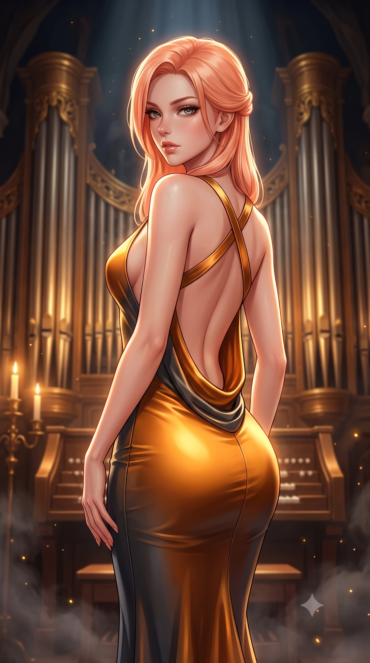 score_9, masterpiece, best quality, ultra-detailed, high-budget anime keyframe, semi-realistic 3D game render, editorial fashion photography, tasteful artistic composition, Japanese woman. close-up cowboy shot from the waist and thighs up, the character dominates the composition, filling the frame with her large presence. twisting her slender torso in a deep contrapposto stance, hips dramatically shifted to accentuate her feminine curves while looking past her shoulder with smoldering bedroom-eyes while standing poised before a colossal gold-leaf pipe organ, twisting her slender torso in an alluring S-curve with smoldering gothic bedroom-eyes. The composition keeps background elements in soft focus with creamy bokeh. drifting cavern mist and candelabra wax smoke catching glowing amber light motes. She has an exceptionally elegant, slender, and willowy female figure with an ultra-slim waist, flat toned midriff, narrow ribcage, and sculpted feminine hips creating an alluring, slim hourglass silhouette without bulk. sharp v-shaped jawline, high-bridge nose, intricate jewel-like eyes with depth, thick eyelashes, glossy parted lips with a natural sheen, intensely captivating and seductive bedroom-eyes expression, flawlessly proportioned anatomical accuracy, strict slender model proportions, natural body alignment, perfectly sculpted long slender limbs, ultra-slim waistline, clean dynamic posture without body distortion. wearing a sculptured liquid-satin mermaid gown with an ultra-deep cowl back descending to the base of her spine in molten amber-gold and dark gunmetal, tailored from liquid silk jersey adhering flawlessly to her slender build, finished with criss-cross back satin straps highlighting her graceful shoulder blades, the glove-like aerodynamic silhouette tightly following the natural contour of her hips and long slender legs with statuesque 8.5-heads elegance. surrounded by an immortal, seductive, and dangerously mesmerizing underground opera queen aura. highly saturated vibrant anime colors, detailed shading with soft gradients, rich glossy textures, high-contrast stereoscopic depth, volumetric dynamic lighting, master piece, 9:16 ratio