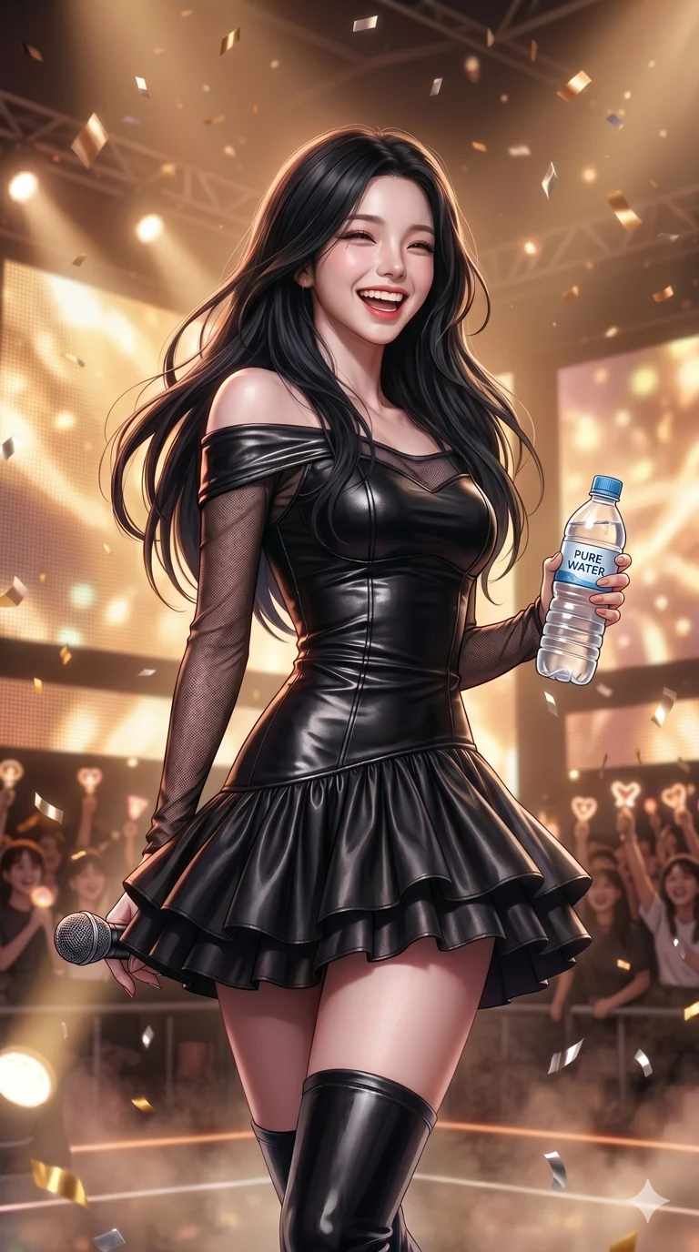 score_9, score_8_up, score_7_up, source_anime, masterpiece, best quality, ultra-detailed, same character with long flowing black hair, wearing the same outfit, upper body shot from thigh up, laughing brightly during a talk segment, holding a water bottle, warm and natural stage lighting, 2k, 9:16 ratio