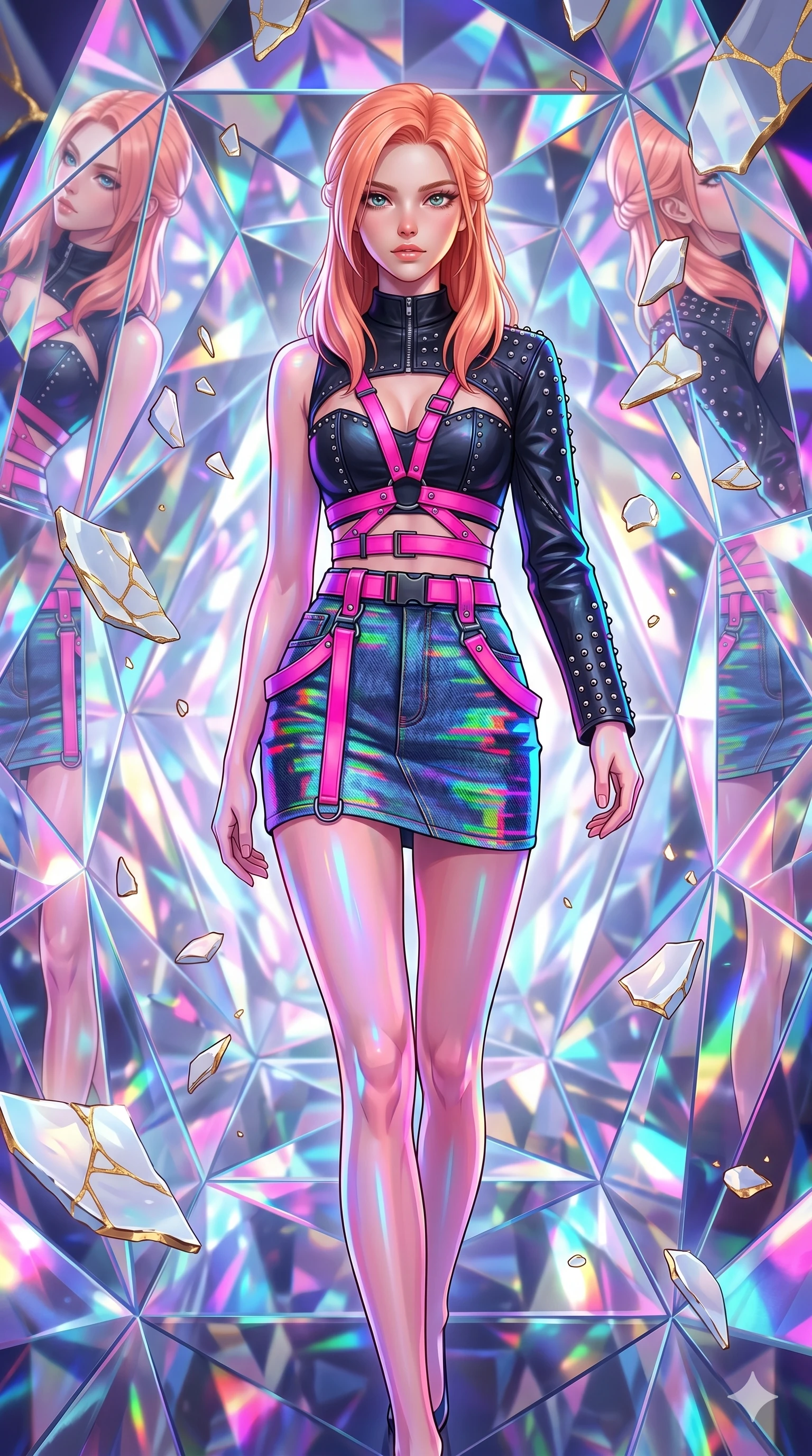 score_9, masterpiece, best quality, ultra-detailed, high-budget anime keyframe, editorial fashion photography, tasteful artistic composition, Caucasian woman, strictly human ears. upper body close-up from the thighs up, character filling the screen for maximum presence. stepping gracefully onto through a kaleidoscope tunnel made of shifting diamond prisms as shards of porcelain and gold kintsugi float in suspension. She has an absolutely perfect 8-heads proportion, an exceptionally tall and slender female figure with impossibly long slender legs and an ultra-slim waist. V-shaped jawline, high-bridge nose, intricate jewel-like eyes with depth, thick eyelashes, glossy lips with a natural sheen.. wearing a glitch denim and studded leather outfit, featuring an RGB glitch pattern denim structured mini-skirt, a single-sleeve cropped leather jacket, and neon pink harness straps. illuminated by the brilliant neon reflections bouncing off wet surfaces, emphasizing her skin tone. 2k, ultra detail, master piece, 9:16 ratio