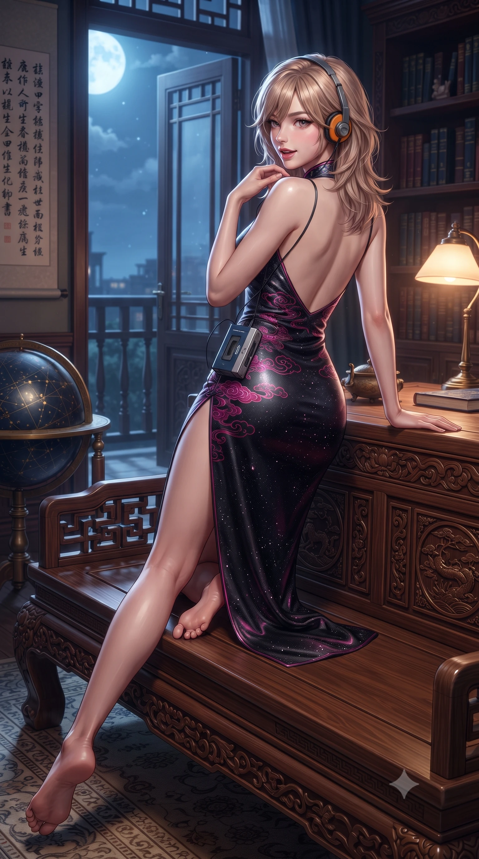 score_9, masterpiece, best quality, ultra-detailed, high-budget anime keyframe, editorial fashion photography, tasteful artistic composition, Japanese woman. low angle full-body shot from head to toe showing her feet, filling the entire 9:16 vertical frame with her statuesque presence, stretching her vertical silhouette. executing a slow, graceful pivot turn as her skirt sways around her slender legs, glancing back with an enchanting, teasing sensual expression while reclining on a carved wooden library bench propped on one elbow, her flat midriff and long slender legs highlighted by moonlight. The surrounding environment is rendered in vivid detail and crisp panoramic clarity: sharp carved teak wood grain, brass globe constellation markings, and delicate rice paper scroll calligraphy in deep focus. She has an absolutely perfect, statuesque 8.5-heads proportion, an exceptionally tall and slender model-like female figure with impossibly long slender legs, an ultra-slim waist, a flat toned midriff, narrow delicate ribcage, and beautifully sculpted feminine hips creating a graceful, slim hourglass silhouette without any bulky heaviness. sharp v-shaped jawline, high-bridge nose, sparkling eyes with hypnotic seductive depth, thick curled eyelashes, glossy parted lips with a natural dewy peach sheen, alluring bedroom-eyes with an enchanting coquettish smile, exuding magnetic siren charisma and sophisticated glamour, flawlessly proportioned anatomical accuracy, strict slender model proportions, natural body alignment, perfectly sculpted long slender limbs, ultra-slim waistline, clean dynamic posture without body distortion. wearing a backless embroidered silk satin slip dress with traditional cloud motifs contouring her narrow waist and curvy hips in wet-look onyx black with electric fuchsia reflections, woven from stretch metallic lurex jersey casting radiant starlight glints across her silhouette, complemented by a retro cassette walkman with vintage foam-padded orange headphones, the glove-like clinging cut tightly following the natural contour of her hips and long slender legs with youthful 8.5-heads elegance. bathed in cool moonlight streaming through open balcony doors mixed with warm incandescent reading lamp glow. ultra-reflective glossy finish, specular highlights, rich textural contrasts, high-contrast stereoscopic depth, volumetric dynamic lighting, 2k, ultra detail, master piece, 9:16 ratio