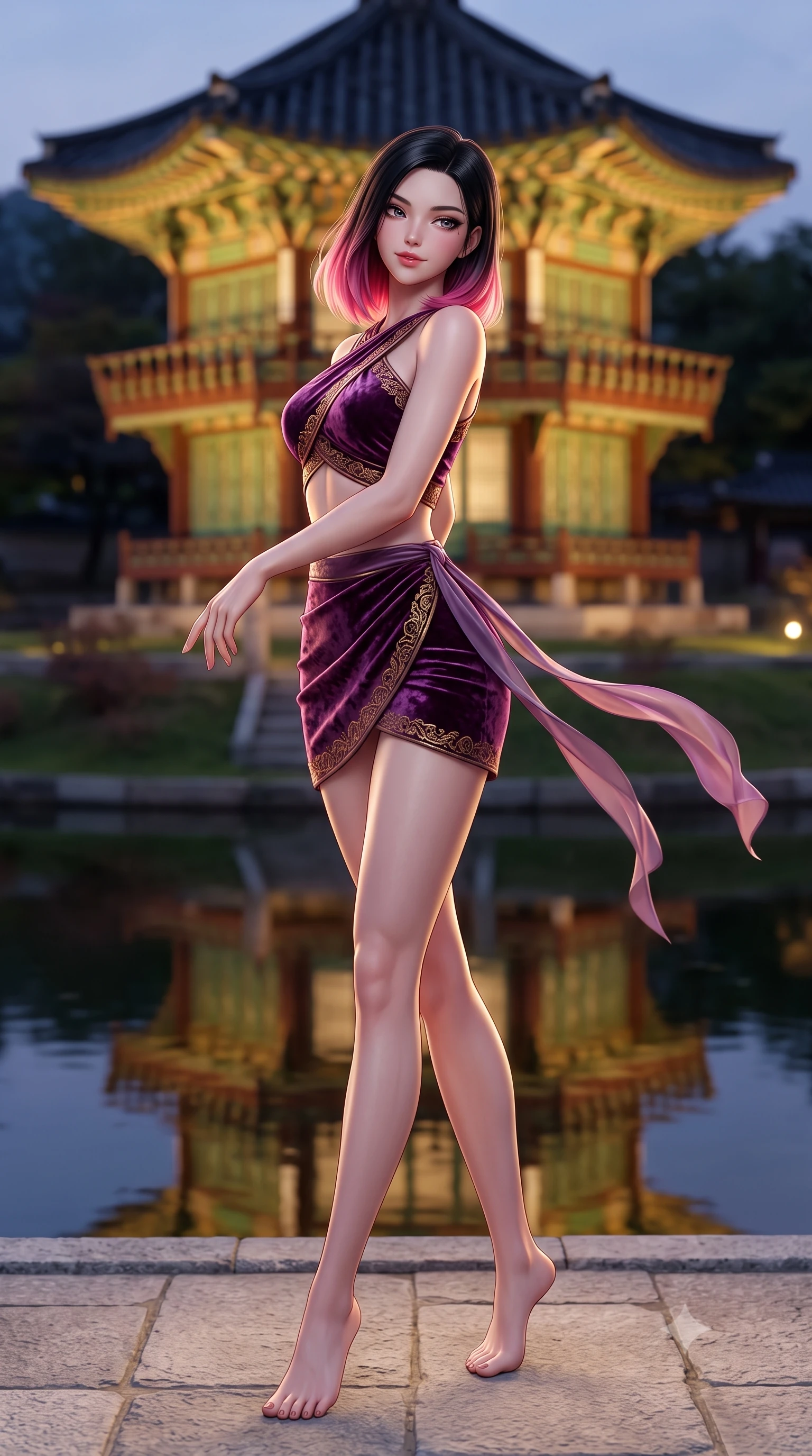 score_9, masterpiece, best quality, ultra-detailed, high-budget anime keyframe, semi-realistic 3D game render, editorial fashion photography, tasteful artistic composition, Korean woman. low angle full-body shot from head to toe showing her feet, filling the entire 9:16 vertical frame with her statuesque presence, stretching her vertical silhouette. executing a graceful dancer pivot turn as her layered silk chima skirt flutters around her slender legs, glancing over her shoulder with an intoxicating bedroom-gaze while twisting her slender torso in an alluring S-curve, royal palace waters reflecting the illuminated two-story pavilion and her curvaceous silhouette. The background shows a soft-focus the two-story hexagonal Hyangwonjeong pavilion illuminated in warm gold across still pond waters blurred into gold, jade, and dark obsidian bokeh. She has an absolutely perfect, statuesque 8.5-heads proportion, an exceptionally tall and slender model-like female figure with impossibly long slender legs, an ultra-slim waist, a flat toned midriff, narrow delicate ribcage, and beautifully sculpted feminine hips creating a graceful, slim hourglass silhouette without any bulky heaviness. sharp v-shaped jawline, high-bridge nose, intricate jewel-like dark sparkling almond eyes with depth, thick lashes, glossy parted lips with a natural rose-plum sheen, bright alluring and coquettish smile with bedroom-eyes, exuding both timeless oriental elegance and sovereign high-fashion allure, flawlessly proportioned anatomical accuracy, strict slender model proportions, natural body alignment, perfectly sculpted long slender limbs, ultra-slim waistline, clean dynamic posture without body distortion. wearing a sleek two-piece set featuring an asymmetric cross-over crop top and a wrap-around micro skirt tracing her hips in rich plum violet and gilded bronze embroidery, crafted from sumptuous crushed winter velvet with deep light-absorbing plushness, accented with flowing gossamer silk ribbons that flutter dynamically in the evening breeze, the glove-like silhouette tightly following the natural contour of her hips and long slender legs with youthful 8.5-heads elegance. bathed in soft architectural spotlights illuminating the historic royal pavilion and dark waters. highly saturated vibrant anime colors, detailed shading with soft gradients, rich glossy textures, high-contrast stereoscopic depth, volumetric dynamic lighting, master piece, 9:16 ratio