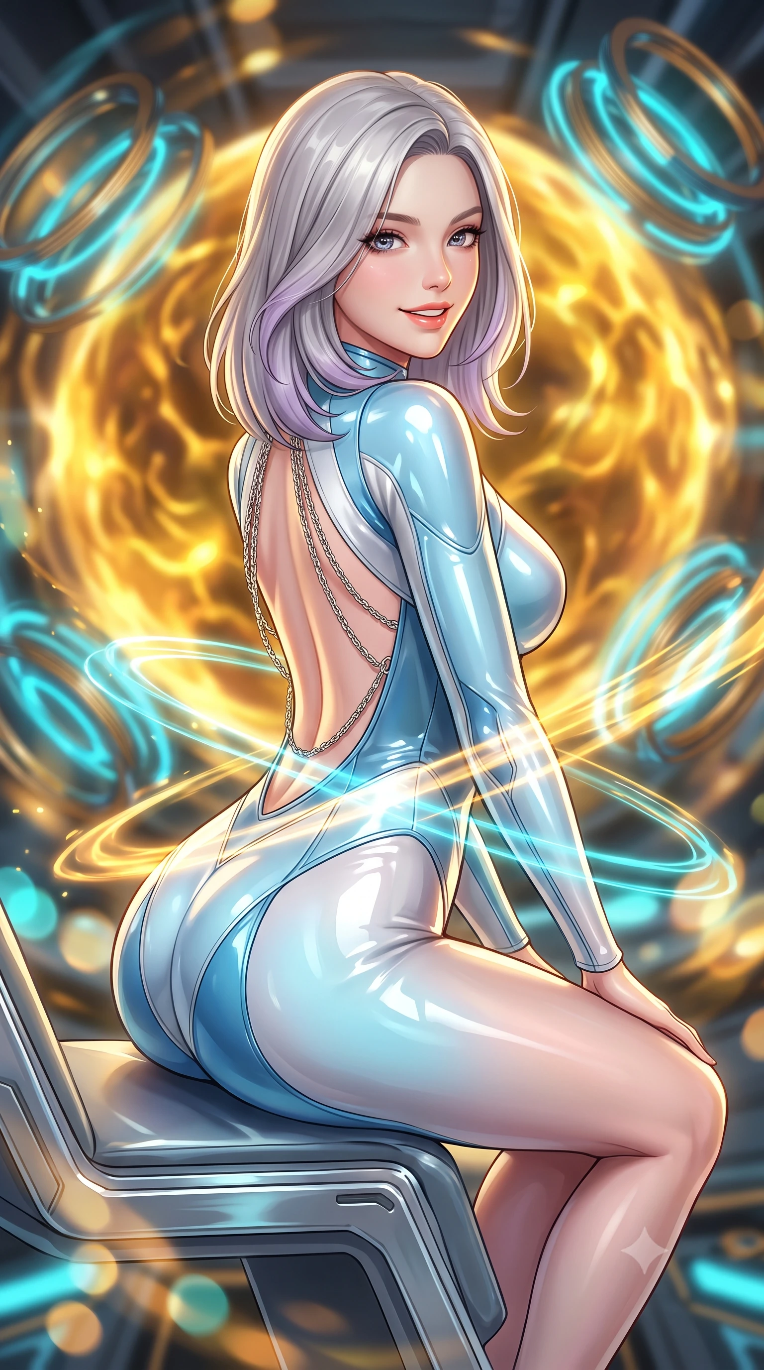 score_9, masterpiece, best quality, ultra-detailed, high-budget anime keyframe, semi-realistic 3D game render, editorial fashion photography, tasteful artistic composition, Caucasian woman. close-up cowboy shot from the waist and thighs up, the character dominates the composition, filling the frame with her large presence. perched sideways on the lounge seat, one knee drawn up to showcase her slender leg line while her arched back accentuates her feminine hip curve while twisting her slender torso in an alluring S-curve, golden plasma ribbons and cyan laser containment fields criss-crossing across her flat midriff and hourglass curves. The background shows a soft-focus swirling sphere of molten golden plasma, circular magnetic coil rings pulsing with cyan light, and shimmering heat distortion ripples blurred into gold, amber, and cyan bokeh. She has an exceptionally elegant, slender, and willowy female figure with an ultra-slim waist, flat toned midriff, narrow ribcage, and sculpted feminine hips creating an alluring, slim hourglass silhouette without bulk. sharp v-shaped jawline, high-bridge nose, intricate jewel-like sparkling eyes with depth, thick eyelashes, glossy parted lips with a natural peach sheen, bright cheerful beaming smile with an enchanting and coquettish sensual glint, exuding both youthful cute charm and seductive allure, flawlessly proportioned anatomical accuracy, strict slender model proportions, natural body alignment, perfectly sculpted long slender limbs, ultra-slim waistline, clean dynamic posture without body distortion. wearing a sleek second-skin cyber-pilot bodysuit with high-gloss patent leather panels accentuating her ultra-slim waistline in arctic cryo-glacier ice blue and platinum white, tailored from high-gloss patent leather with mirror-like specular highlights, accented with an open-back drape framed by falling strands of delicate chrome chains, the bespoke structured tailoring following the natural line of her 8.5-heads silhouette with refined elegance. illuminated by gantry reflection bounce and sharp sunburst-gold rim lights defining her jawline, narrow waist, and curvy hips. highly saturated vibrant anime colors, detailed shading with soft gradients, rich glossy textures, high-contrast stereoscopic depth, volumetric dynamic lighting, master piece, 9:16 ratio