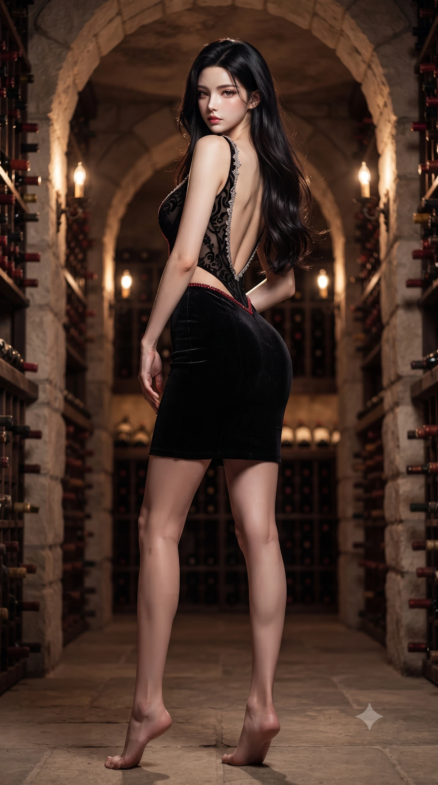 score_9, masterpiece, best quality, ultra-detailed, high-budget anime keyframe, editorial fashion photography, tasteful artistic composition, Korean woman. low angle full-body shot from head to toe showing her feet, filling the entire 9:16 vertical frame with her statuesque presence, stretching her vertical silhouette. posing with back turned slightly to the lens, glancing back with smoldering allure as she arches her lower back to emphasize her sculpted feminine hips and slender waist while standing poised between towering limestone arches and dusty vintage wine racks, twisting her torso in a deep contrapposto stance to display her feminine hourglass curves. The composition keeps background elements in soft focus with creamy bokeh. thousands of dusty vintage wine bottles and flickering wall sconces blurred into deep ruby, warm amber, and aged burgundy bokeh. She has an absolutely perfect, statuesque 8.5-heads proportion, an exceptionally tall and slender model-like female figure with impossibly long slender legs, a toned flat midriff, an ultra-slim waist, and beautifully sculpted feminine hips. sharp v-shaped jawline, high-bridge nose, intricate jewel-like eyes with depth, thick eyelashes, glossy parted lips with a natural sheen, intensely captivating and seductive bedroom-eyes expression, flawlessly proportioned anatomical accuracy, strict slender model proportions, natural body alignment, perfectly sculpted long slender limbs, ultra-slim waistline, clean dynamic posture without body distortion. wearing a deep sweetheart neckline crushed velvet corseted ballgown with an exposed midriff cutout in high-contrast black velvet and ruby crystal trim, made of sheer contouring power-mesh with velvet flocking patterns, finished with delicate crystal frost embroidery tracing the plunging neckline, the dramatically scooped open back descending to the base of her spine, accentuating her razor-sharp statuesque lines and curvy hourglass silhouette. illuminated by rich specular rim lights defining her razor-sharp jawline, narrow waist, and curvy hips. ultra-reflective glossy finish, specular highlights, rich textural contrasts, high-contrast stereoscopic depth, volumetric dynamic lighting, 2k, ultra detail, master piece, 9:16 ratio