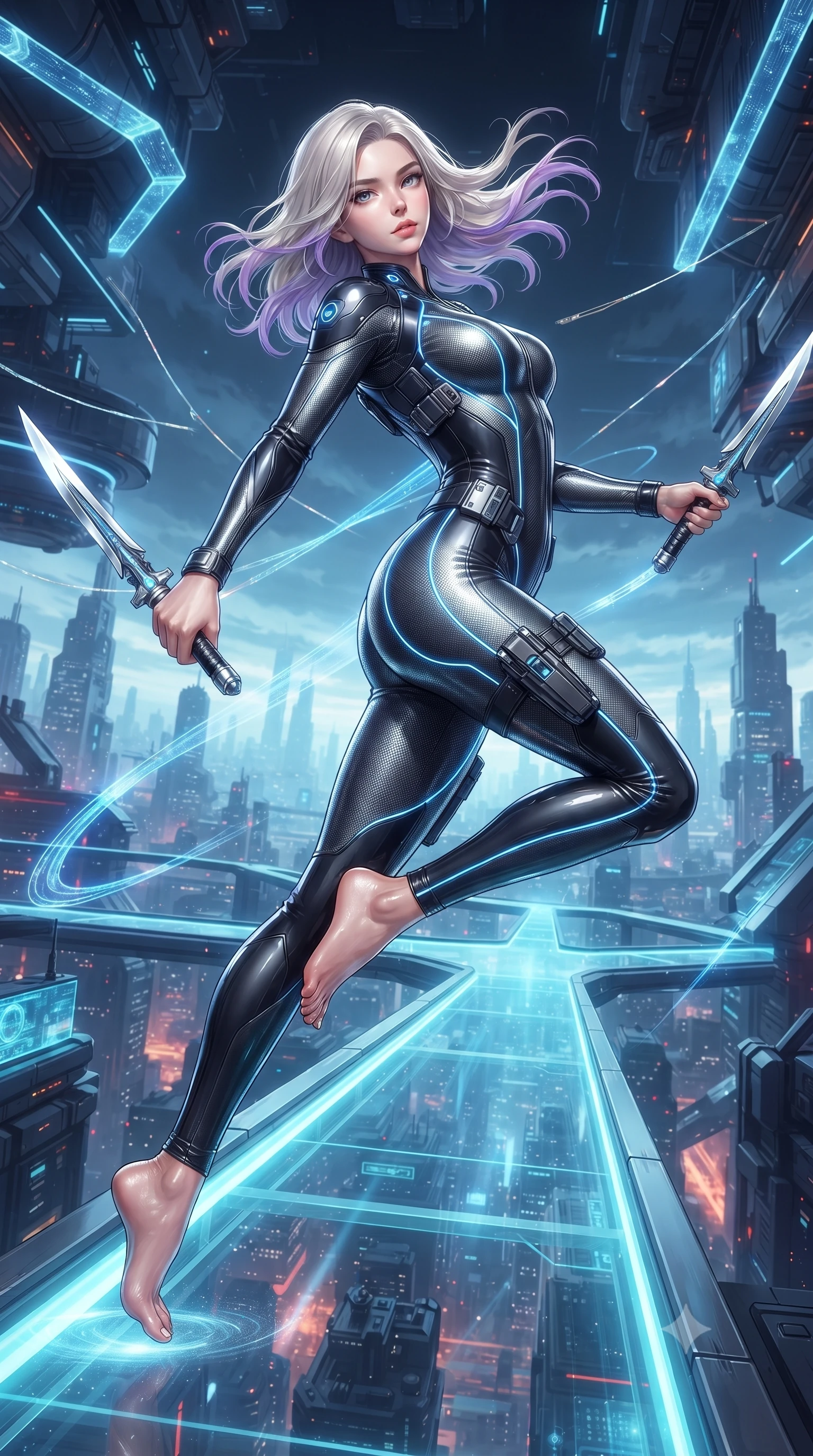 score_9, masterpiece, best quality, ultra-detailed, high-budget anime keyframe, editorial fashion photography, tasteful artistic composition, Caucasian woman. low angle full-body shot from head to toe showing her feet, filling the entire 9:16 vertical frame with her statuesque presence, stretching her vertical silhouette. arching her back gracefully in mid-air during a dynamic combat vault, her weapon energy trail framing her statuesque presence while stepping along a glowing glass conduit bridge with energy bow held at her side, gazing forward with divine focus. The surrounding environment is rendered in vivid detail and crisp panoramic clarity. razor-sharp holographic bow limb geometries, glowing photon arrow string filaments, and reactor core facets in deep focus. She has an absolutely perfect, statuesque 8.5-heads proportion, an exceptionally tall and slender model-like female figure with impossibly long slender legs, a toned flat midriff, and an ultra-slim waist. sharp v-shaped jawline, high-bridge nose, intricate jewel-like eyes with depth, thick eyelashes, glossy lips with a natural sheen, flawlessly proportioned anatomical accuracy, strict slender model proportions, natural body alignment, perfectly sculpted long slender limbs, ultra-slim waistline, clean dynamic posture without body distortion. wearing an aerodynamic dark titanium carbon-mesh jumper with glowing blue fiber lines, holding twin chrome vibro-daggers with deadly supermodel poise in monochrome white enamel carbon with high-contrast black panels, crafted from ultra-strong woven carbon-fiber composite with a satin luster, detailed with magnetic weapon holsters and polished chrome connection clasps, the liquid-tight tailored fabric emphasizing every curve of her tall, slender model proportions and sculptured silhouette during dynamic movement. illuminated by crisp white key lighting with sharp specular highlights tracing her slender curves. ultra-reflective glossy finish, specular highlights, dark metallic sheen, high-contrast stereoscopic depth, volumetric dynamic lighting, 2k, ultra detail, master piece, 9:16 ratio