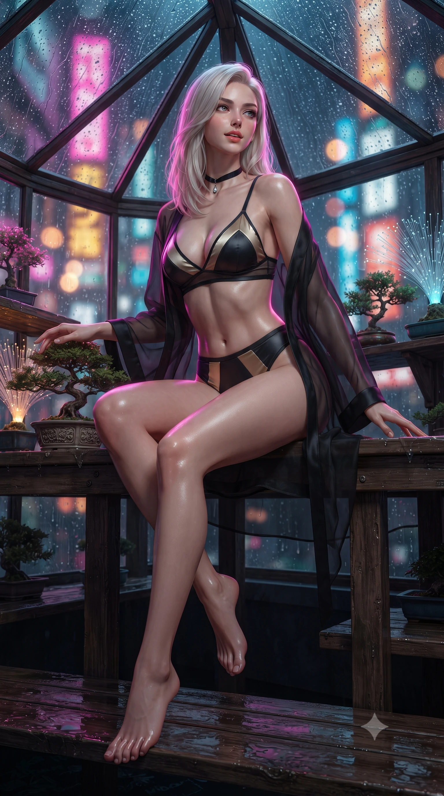 score_9, masterpiece, best quality, ultra-detailed, high-budget anime keyframe, editorial fashion photography, tasteful artistic composition, Caucasian woman. low angle full-body shot from head to toe showing her feet, filling the entire 9:16 vertical frame with her statuesque presence, stretching her vertical silhouette. sitting poised on the stone steps with one knee bent, arching her spine with supermodel elegance as she glances upward through thick eyelashes while sitting perched on the rustic wooden potting shelf with legs crossed, resting one hand on the bonsai pot with seductive bedroom-eyes. The background shows a soft-focus heavy cascading rain on pitched greenhouse glass, towering Shinjuku neon signs, and glowing fiber-optic bonsai needles blurred into magenta, amber, and cyan bokeh. She has an absolutely perfect, statuesque 8.5-heads proportion, an exceptionally tall and slender model-like female figure with impossibly long slender legs, an ultra-slim waist, a flat toned midriff, narrow delicate ribcage, and beautifully sculpted feminine hips creating a graceful, slim hourglass silhouette without any bulky heaviness. sharp v-shaped jawline, high-bridge nose, sparkling eyes with hypnotic seductive depth, thick curled eyelashes, glossy parted lips with a natural dewy peach sheen, alluring bedroom-eyes with an enchanting coquettish smile, exuding magnetic siren charisma and sophisticated glamour, flawlessly proportioned anatomical accuracy, strict slender model proportions, natural body alignment, perfectly sculpted long slender limbs, ultra-slim waistline, clean dynamic posture without body distortion. wearing a sheer organza kimono robe worn loose and slipping off bare shoulders over a matching satin bralette and high-waisted briefs in midnight obsidian black and liquid champagne gold, made of semi-opaque stretch illusion mesh with soft shadowy contours, finished with a thin velvet ribbon choker and a single teardrop diamond pendant, the glove-like clinging cut tightly following the natural contour of her hips and long slender legs with youthful 8.5-heads elegance. illuminated by wet wooden bench reflections and sharp electric-magenta rim lights sculpting her jawline, flat midriff, and curvy hips. ultra-reflective glossy finish, specular highlights, rich textural contrasts, high-contrast stereoscopic depth, volumetric dynamic lighting, 2k, ultra detail, master piece, 9:16 ratio