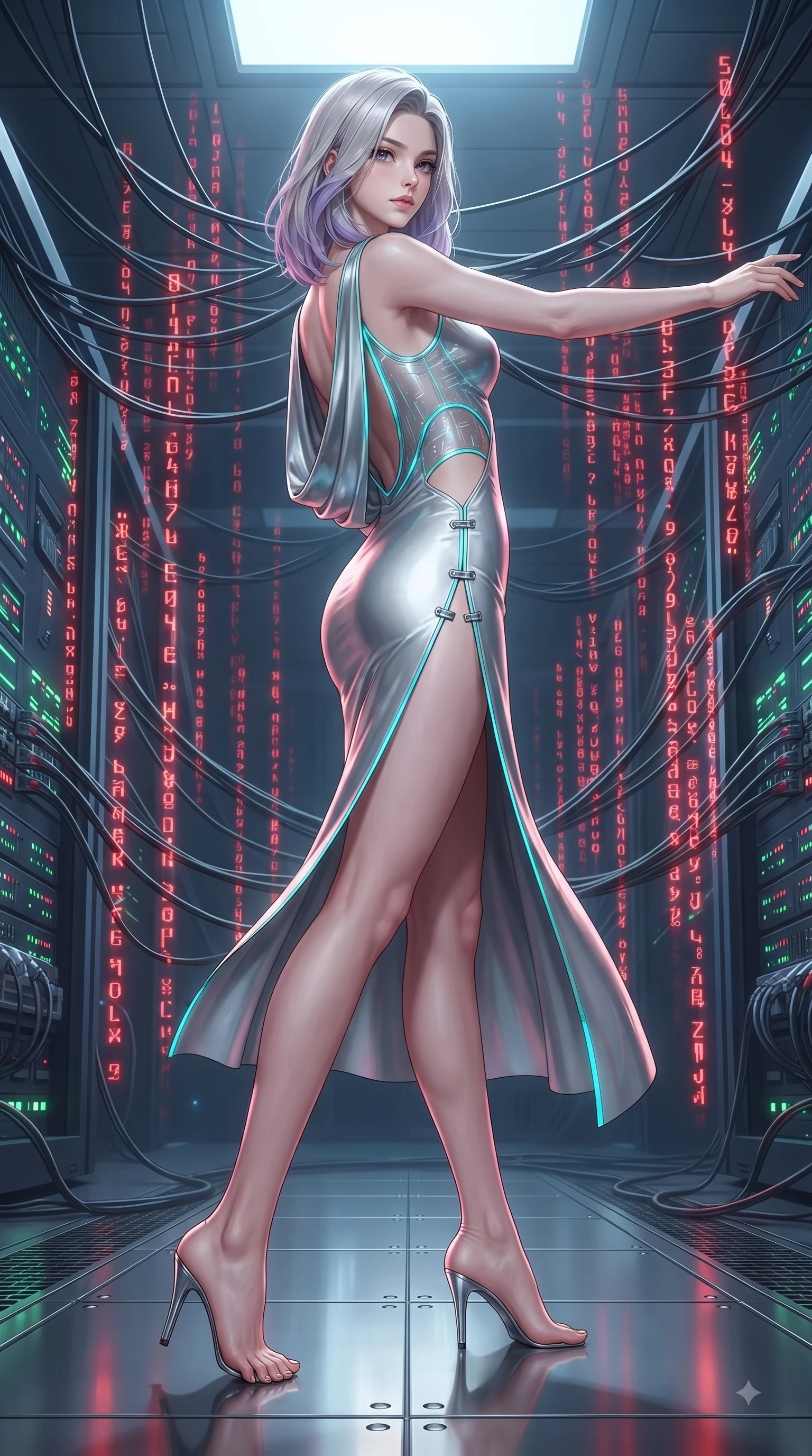 score_9, masterpiece, best quality, ultra-detailed, high-budget anime keyframe, editorial fashion photography, tasteful artistic composition, Caucasian woman. low angle full-body shot from head to toe showing her feet, filling the entire 9:16 vertical frame with her statuesque presence, stretching her vertical silhouette. arching her back in a fluid zero-gravity turn with sovereign grace, her long slender legs and sculpted torso creating a sweeping line while stepping down from a high-tech circuit dais as glowing red matrix glyphs cascade around her. The surrounding environment is rendered in vivid detail and crisp panoramic clarity. sharp fiber-optic cables, server rack indicator lights, and metallic floor reflections in crisp clarity. She has an absolutely perfect, statuesque 8.5-heads proportion, an exceptionally tall and slender model-like female figure with impossibly long slender legs and an ultra-slim waist. sharp v-shaped jawline, high-bridge nose, intricate jewel-like eyes with depth, thick eyelashes, glossy lips with a natural sheen, flawlessly proportioned anatomical accuracy, natural body alignment, perfectly sculpted elegant limbs, clean dynamic posture without body distortion. wearing a precision-fitted liquid jersey bodycon dress with a dramatic draped cowl back that swoops down to her waist in liquid mercury silver and glowing electric cyan, tailored from semi-translucent cybernetic vinyl with glowing micro-filaments, finished with an ultra-high side slit secured by miniature magnetic clasps, the daring cutouts accentuating her delicate midriff, graceful collarbones, and feminine contour. surrounded by a powerful, commanding, and fiercely sensual cybernetic aura. ultra-reflective glossy finish, specular highlights, metallic sheen, high-contrast stereoscopic depth, volumetric dynamic lighting, 2k, ultra detail, master piece, 9:16 ratio