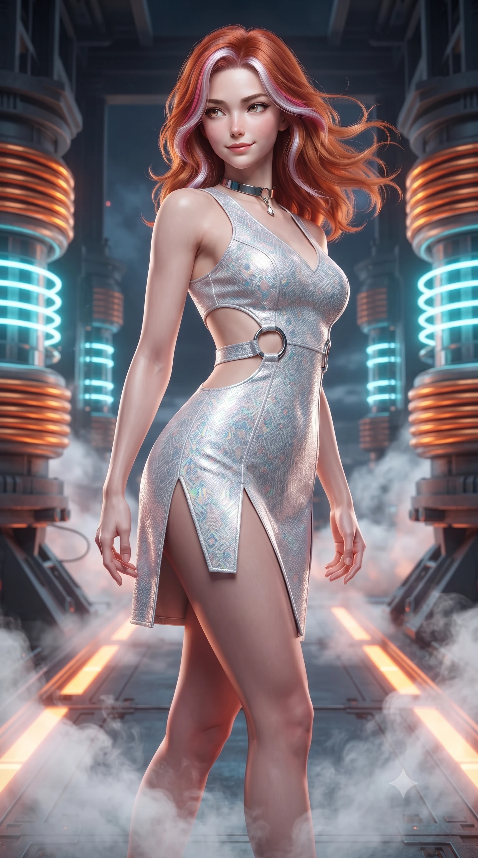 score_9, masterpiece, best quality, ultra-detailed, high-budget anime keyframe, editorial fashion photography, tasteful artistic composition, Caucasian woman. close-up cowboy shot from the waist and thighs up, the character dominates the composition, filling the frame with her large presence. turning slowly with an enchanting smoldering smile, her glossy hair tossing in the breeze as her hips angle gracefully in a captivating contrapposto while standing poised between massive electromagnetic acceleration coils on the open launch gantry, arching her spine with tactical warrior grace as vaporized coolant steam swirls around her boots. The background shows a soft-focus swirling thermal exhaust vapor softened in carrier flight deck shallow focus. She has an exceptionally elegant, slender, and willowy female figure with an ultra-slim waist, flat toned midriff, narrow ribcage, and sculpted feminine hips creating an alluring, slim hourglass silhouette without bulk. sharp v-shaped jawline, high-bridge nose, intricate jewel-like sparkling eyes with depth, thick eyelashes, glossy parted lips with a natural peach sheen, bright cheerful beaming smile with an enchanting and coquettish sensual glint, exuding both youthful cute charm and seductive allure, flawlessly proportioned anatomical accuracy, strict slender model proportions, natural body alignment, perfectly sculpted long slender limbs, ultra-slim waistline, clean dynamic posture without body distortion. wearing a provocative open-waist combat cutout mini dress framed by polished chrome ring hardware and thigh-high slit in holographic prismatic pearl and aerospace white, woven from structured carbon-fiber jacquard with rich textural depth, finished with a minimalist chrome choker and a single teardrop diamond pendant, the glove-like clinging cut tightly following the natural contour of her hips and long slender legs with youthful 8.5-heads elegance. bathed in high-voltage orange runway guide strobes contrasted with cold electric-cyan magnetic coil pulses. ultra-reflective glossy finish, specular highlights, rich textural contrasts, high-contrast stereoscopic depth, volumetric dynamic lighting, 2k, ultra detail, master piece, 9:16 ratio