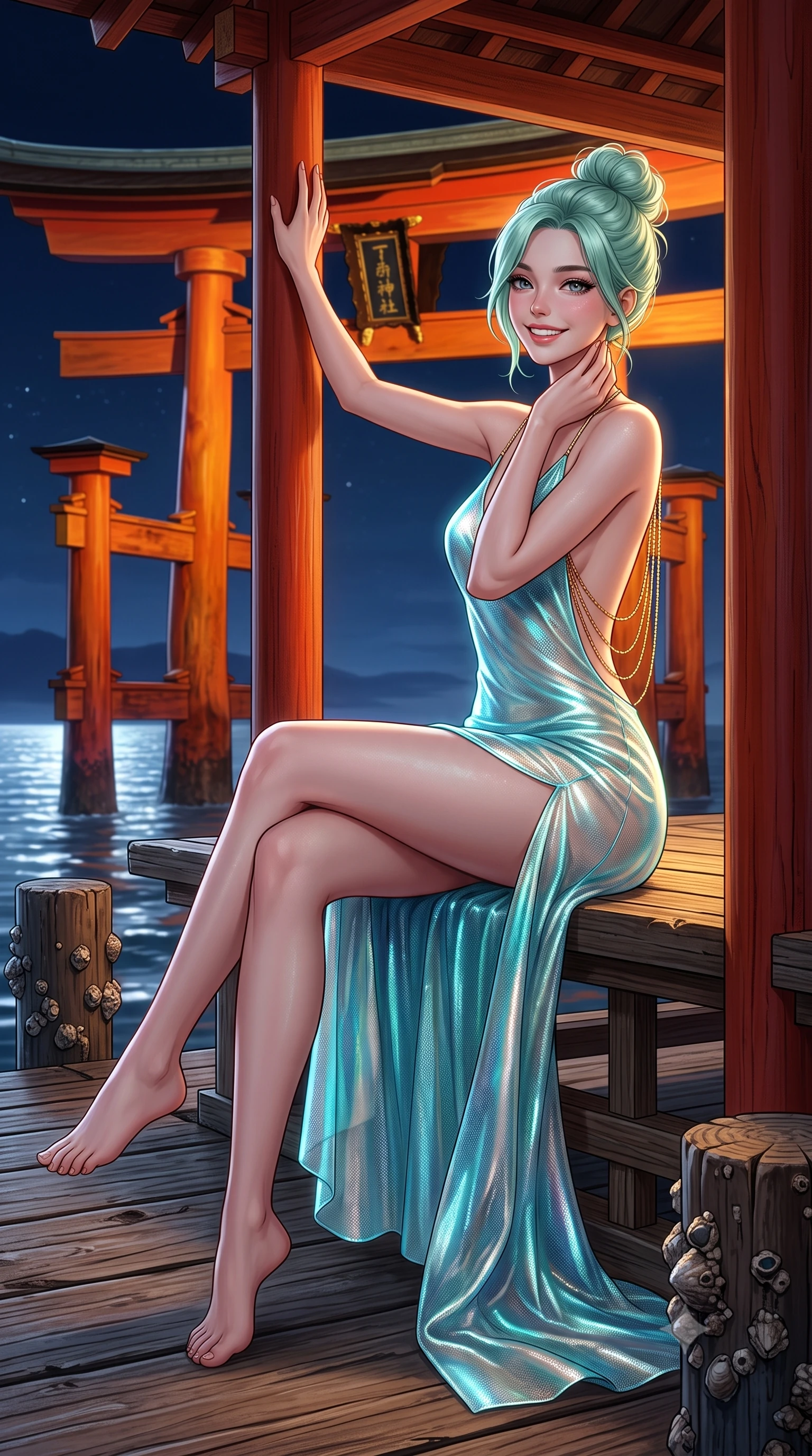 score_9, masterpiece, best quality, ultra-detailed, high-budget anime keyframe, semi-realistic 3D game render, editorial fashion photography, tasteful artistic composition, Japanese woman. low angle full-body shot from head to toe showing her feet, filling the entire 9:16 vertical frame with her statuesque presence, stretching her vertical silhouette. standing tall beside the architectural column, one hand resting high while arching her lower back to emphasize her sculpted feminine hips and slender waist while sitting gracefully on the pavilion bench with legs crossed, running one manicured hand slowly down her neck with teasing seductive charm. The surrounding environment is rendered in vivid detail and crisp panoramic clarity: sharp vermilion lacquered joinery, weathered wood boardwalk grain, and shellfish barnacles on mooring posts in deep focus. She has an exceptionally tall and slender model-like 8.5-heads proportion, an ultra-slim waist, a flat toned midriff, narrow delicate ribcage, and beautifully sculpted feminine hips creating a graceful, slim hourglass silhouette without any bulky heaviness, with impossibly long slender legs. sharp v-shaped jawline, high-bridge nose, intricate jewel-like sparkling eyes with depth, thick eyelashes, glossy parted lips with a natural peach sheen, bright cheerful beaming smile with an enchanting and coquettish sensual glint, exuding both youthful cute charm and seductive allure, flawlessly proportioned anatomical accuracy, strict slender model proportions, natural body alignment, perfectly sculpted long slender limbs, ultra-slim waistline, clean dynamic posture without body distortion. wearing an alluring backless sheer holographic mesh slip dress with high thigh slit clinging smoothly to her dewy skin in Mediterranean bioluminescent teal and radiant pearl, made of fluid liquid jersey with seamless sculpting hold and smooth contours, accented with an open-back drape framed by falling strands of delicate gold chains, the high-slit wrap tailoring accentuating her ultra-slim waistline and the enchanting curve of her feminine hips with alluring seductive charm. bathed in the golden-and-vermilion architectural floodlights of the Torii gate mixed with cool silver moonlit sea fill. highly saturated vibrant anime colors, detailed shading with soft gradients, rich glossy textures, high-contrast stereoscopic depth, volumetric dynamic lighting, master piece, 9:16 ratio