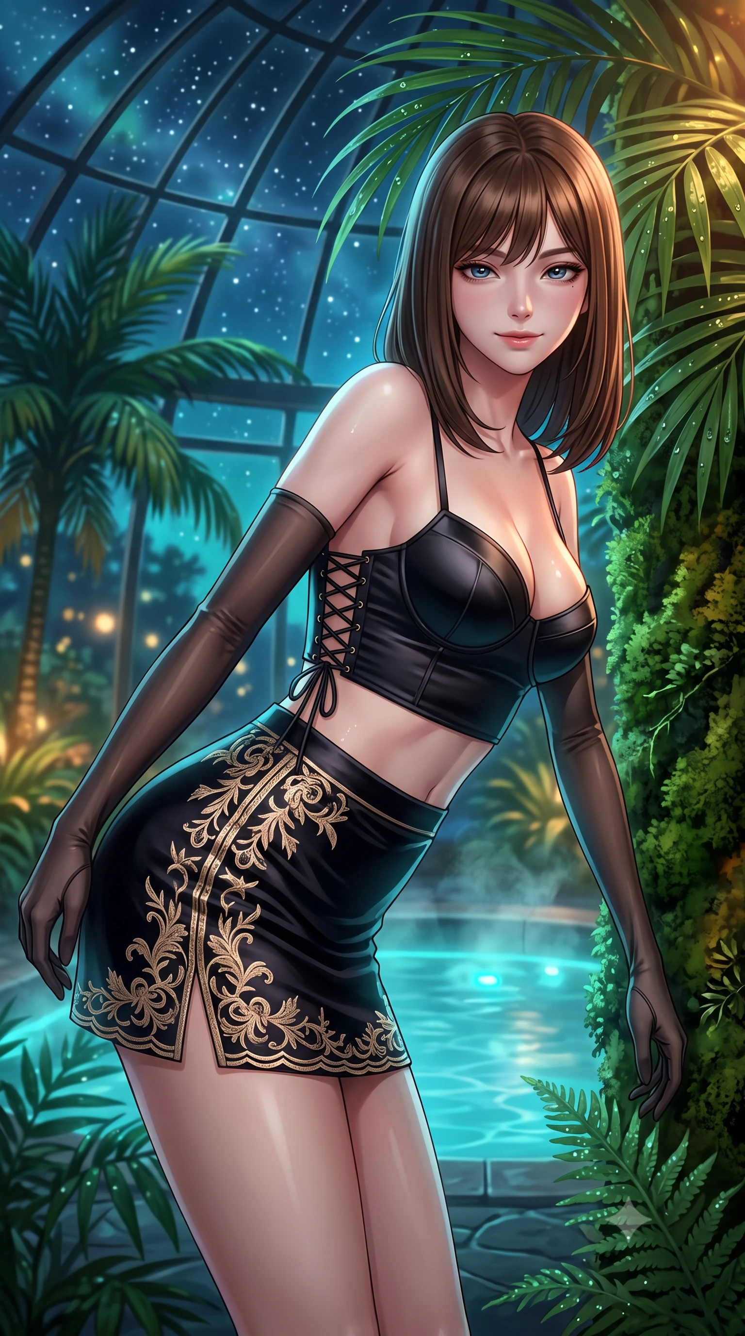 score_9, masterpiece, best quality, ultra-detailed, high-budget anime keyframe, editorial fashion photography, tasteful artistic composition, Korean woman. close-up cowboy shot from the waist and thighs up, the character dominates the composition, filling the frame with her large presence. leaning forward while arching her lower back to accentuate her curvy hips, looking into the camera with an intoxicating smoldering gaze and bedroom-eyes while leaning against the lush vertical moss wall with hips cocked back, looking through dewy tropical palms with heavy-lidded bedroom-eyes. The background shows a soft-focus steaming indoor thermal pool, lush subarctic greenhouse banana palms and ferns, and starry subpolar sky through glass dome blurred into emerald, turquoise, and amber bokeh. She has an exceptionally elegant, slender, and willowy female figure with an ultra-slim waist, flat toned midriff, narrow ribcage, and sculpted feminine hips creating an alluring, slim hourglass silhouette without bulk. sharp v-shaped jawline, high-bridge nose, intricate jewel-like sparkling eyes with depth, thick eyelashes, glossy parted lips with a natural peach sheen, bright cheerful beaming smile with an enchanting and coquettish sensual glint, exuding both youthful cute charm and seductive allure, flawlessly proportioned anatomical accuracy, strict slender model proportions, natural body alignment, perfectly sculpted long slender limbs, ultra-slim waistline, clean dynamic posture without body distortion. wearing a sculpted satin underwire crop bustier with lace-up side ties paired with a micro skirt in deep midnight obsidian black and champagne gold, tailored from ultra-plush silk velvet with rich tactile depth and deep shadow gradients, complemented by sheer opera-length evening gloves tracing her slender arms, the impeccably tailored cut draping gracefully along her slender figure with aristocratic poise. bathed in warm 2600K botanical grow lamps combined with turquoise underwater pool LEDs and clear Arctic starlight through glass. ultra-reflective glossy finish, specular highlights, rich textural contrasts, high-contrast stereoscopic depth, volumetric dynamic lighting, 2k, ultra detail, master piece, 9:16 ratio
