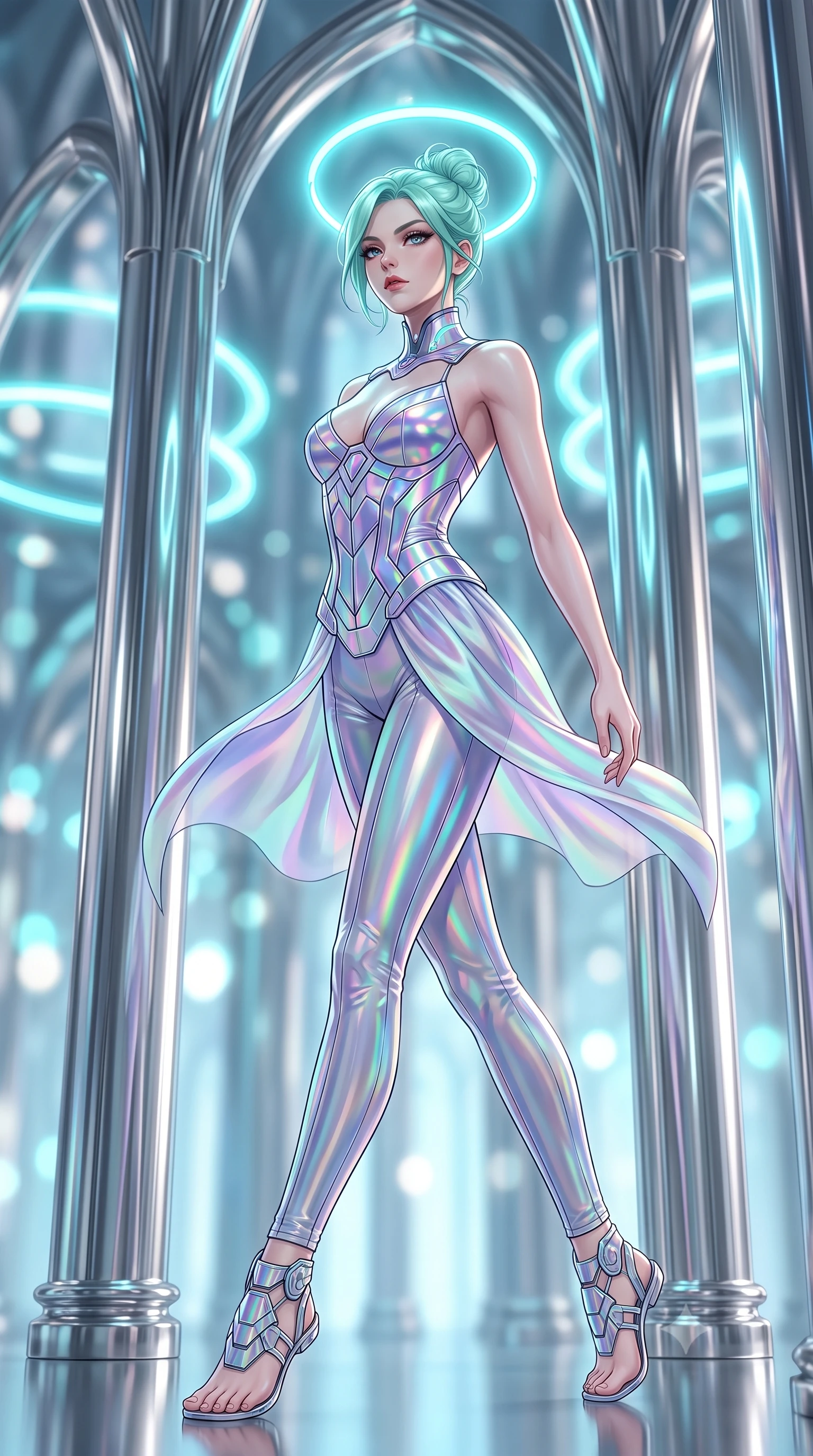 score_9, masterpiece, best quality, ultra-detailed, high-budget anime keyframe, editorial fashion photography, tasteful artistic composition, Japanese woman. low angle full-body shot from head to toe showing her feet, filling the entire 9:16 vertical frame with her statuesque presence, stretching her vertical silhouette. arching her spine in a fluid zero-gravity turn with sovereign grace, her long slender legs and sculpted torso creating a sweeping line while striding commanding between colossal polished chrome pillars in a futuristic cyber-cathedral as a floating neon halo rotates behind her head. The composition keeps background elements in soft focus with creamy bokeh. soaring polished chrome arches and rotating neon halo rings blurred into luminous cyan and platinum bokeh. She has an absolutely perfect, statuesque 8.5-heads proportion, an exceptionally tall and slender model-like female figure with impossibly long slender legs, a toned flat midriff, and an ultra-slim waist. sharp v-shaped jawline, high-bridge nose, intricate jewel-like eyes with depth, thick eyelashes, glossy lips with a natural sheen, flawlessly proportioned anatomical accuracy, strict slender model proportions, natural body alignment, perfectly sculpted long slender limbs, ultra-slim waistline, clean dynamic posture without body distortion. wearing a precision-tailored holographic cyber-corset with geometric iridescent plating and an ultra-slim waist-cinching silhouette in iridescent holographic chrome with prism violet highlights, made of smooth flowing silk chiffon that shifts colors with movement, featuring a sleek aerodynamic collar framed by subtle glowing cybernetic accents, the sleek second-skin cut tightly hugging her graceful clavicle, narrow waist, and feminine curves with athletic precision. bathed in brilliant neon cyan halo backlighting and polished chrome surface reflections. ultra-reflective glossy finish, specular highlights, dark metallic sheen, high-contrast stereoscopic depth, volumetric dynamic lighting, 2k, ultra detail, master piece, 9:16 ratio