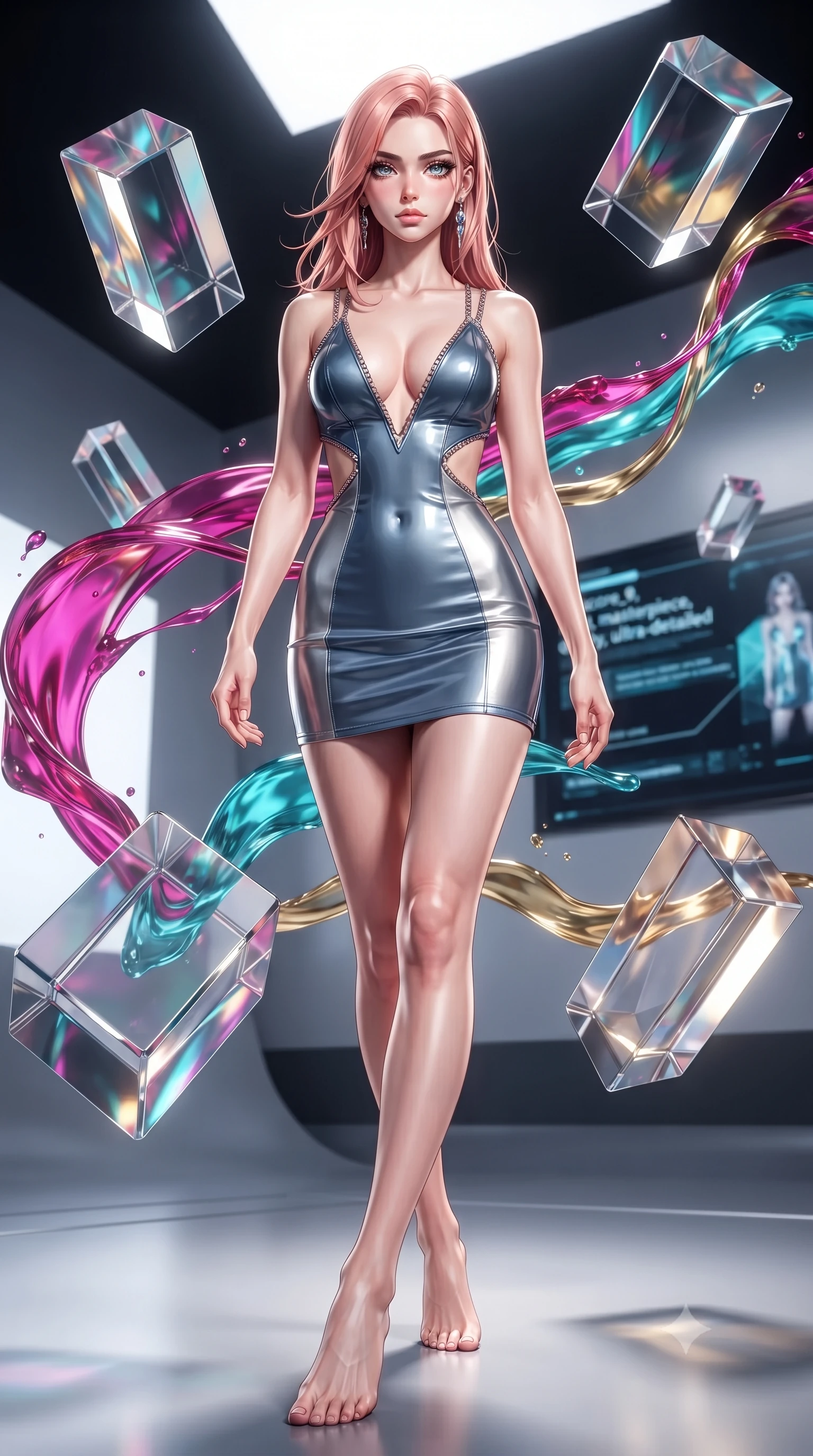 score_9, masterpiece, best quality, ultra-detailed, high-budget anime keyframe, editorial fashion photography, tasteful artistic composition, Japanese woman. low angle full-body shot from head to toe showing her feet, filling the entire 9:16 vertical frame with her statuesque presence, stretching her vertical silhouette. stepping forward with proud posture, filling the vertical frame with her magnetic presence interacting with floating glass prisms that refract liquid light into rainbows, swirling ribbons of magenta, turquoise, and gold liquid paint in zero-gravity. She has an absolutely perfect, statuesque 8.5-heads proportion, an exceptionally tall and slender model-like female figure with impossibly long slender legs and an ultra-slim waist. sharp v-shaped jawline, high-bridge nose, intricate jewel-like eyes with depth, thick eyelashes, glossy lips with a natural sheen. wearing a liquid mercury gloss mini dress with ultra-deep V-neck and waist cutouts in slate blue and metallic silver, tailored from high-gloss patent leather, adorned with delicate metallic chain straps along the neckline, the sleek second-skin texture accentuating her magnetic presence. bathed in high-contrast vibrant studio lighting with sharp specular highlights. ultra-reflective glossy finish, specular highlights, metallic sheen, high-contrast stereoscopic depth, volumetric dynamic lighting, 2k, ultra detail, master piece, 9:16 ratio
