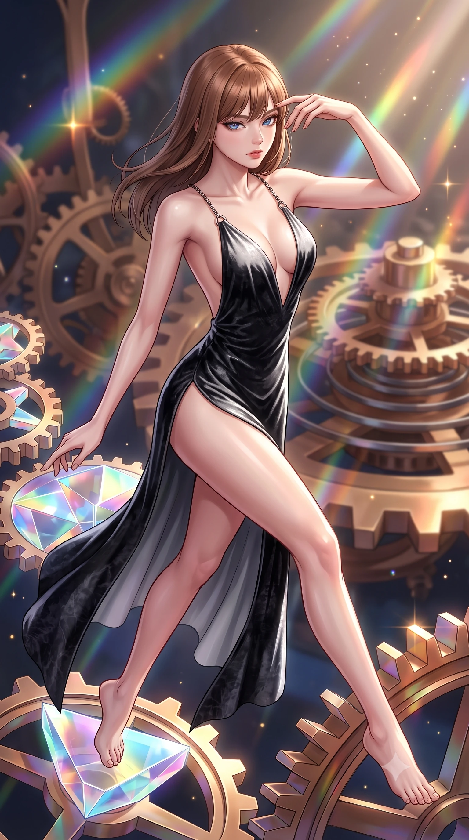 score_9, masterpiece, best quality, ultra-detailed, high-budget anime keyframe, editorial fashion photography, tasteful artistic composition, Korean woman. close-up cowboy shot from the waist and thighs up, the character dominates the composition, filling the frame with her large presence, background elements kept in soft focus. Resting her fingers gracefully near her temple, casting a sharp mysterious side-gaze during her stride while leaping gracefully across floating polyhedral prism gears in an astral clockwork citadel, intricate bronze clockwork springs reflecting warm starlight specular highlights. She has an exceptionally elegant, slender, and willowy female figure with an ultra-slim waist, a gracefully sculpted slender torso, and a refined silhouette. sharp v-shaped jawline, high-bridge nose, intricate jewel-like eyes with depth, thick eyelashes, glossy lips with a natural sheen, flawlessly proportioned anatomical accuracy, natural body alignment, perfectly sculpted elegant limbs, clean dynamic posture without body distortion. wearing a backless crushed velvet gown with a deep V-neckline and high thigh slit in matte black and polished silver, made of premium stretch velvet with a rich sheen, adorned with delicate metallic chain straps along the neckline, the elegant draped fit framing her graceful clavicle and slender torso. illuminated by cascading rainbow prismatic rays and rich metallic rim highlights. highly saturated vibrant anime colors, detailed shading with soft gradients, rich glossy textures, high-contrast stereoscopic depth, volumetric dynamic lighting, master piece, 9:16 ratio