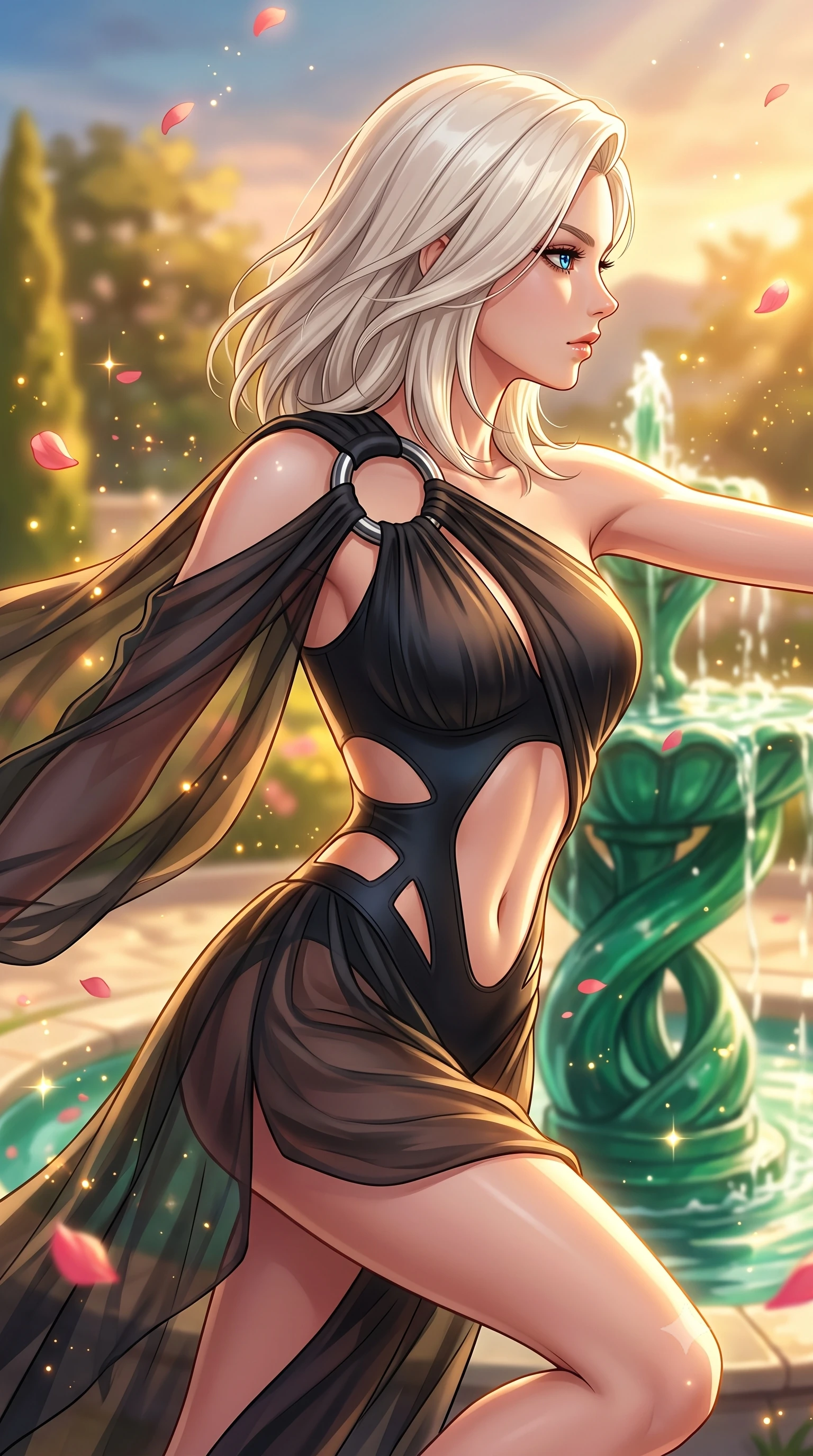 score_9, masterpiece, best quality, ultra-detailed, high-budget anime keyframe, editorial fashion photography, tasteful artistic composition, Caucasian woman. close-up cowboy shot from the waist and thighs up, the character dominates the composition, filling the frame with her large presence, background elements kept in soft focus. Turning her face in sharp profile while her upper body leans forward with poised athletic grace while pivoting dynamically near an emerald spiral fountain in a sunlit sky garden, floating rose petals and golden solar dust sparkling in the warm air. She has an exceptionally elegant, slender, and willowy female figure with an ultra-slim waist, a gracefully sculpted slender torso, and a refined silhouette. sharp v-shaped jawline, high-bridge nose, intricate jewel-like eyes with depth, thick eyelashes, glossy lips with a natural sheen, flawlessly proportioned anatomical accuracy, natural body alignment, perfectly sculpted elegant limbs, clean dynamic posture without body distortion. wearing an asymmetrical Grecian draped chiffon gown with a metallic shoulder ring in matte black and polished silver, formed from sleek second-skin neoprene, featuring subtle geometric cutouts that highlight her ultra-slim midriff, the glove-like fit emphasizing her statuesque silhouette during motion. illuminated by soft glowing sunset radiance with dramatic golden rim highlights. highly saturated vibrant anime colors, detailed shading with soft gradients, rich glossy textures, high-contrast stereoscopic depth, volumetric dynamic lighting, master piece, 9:16 ratio