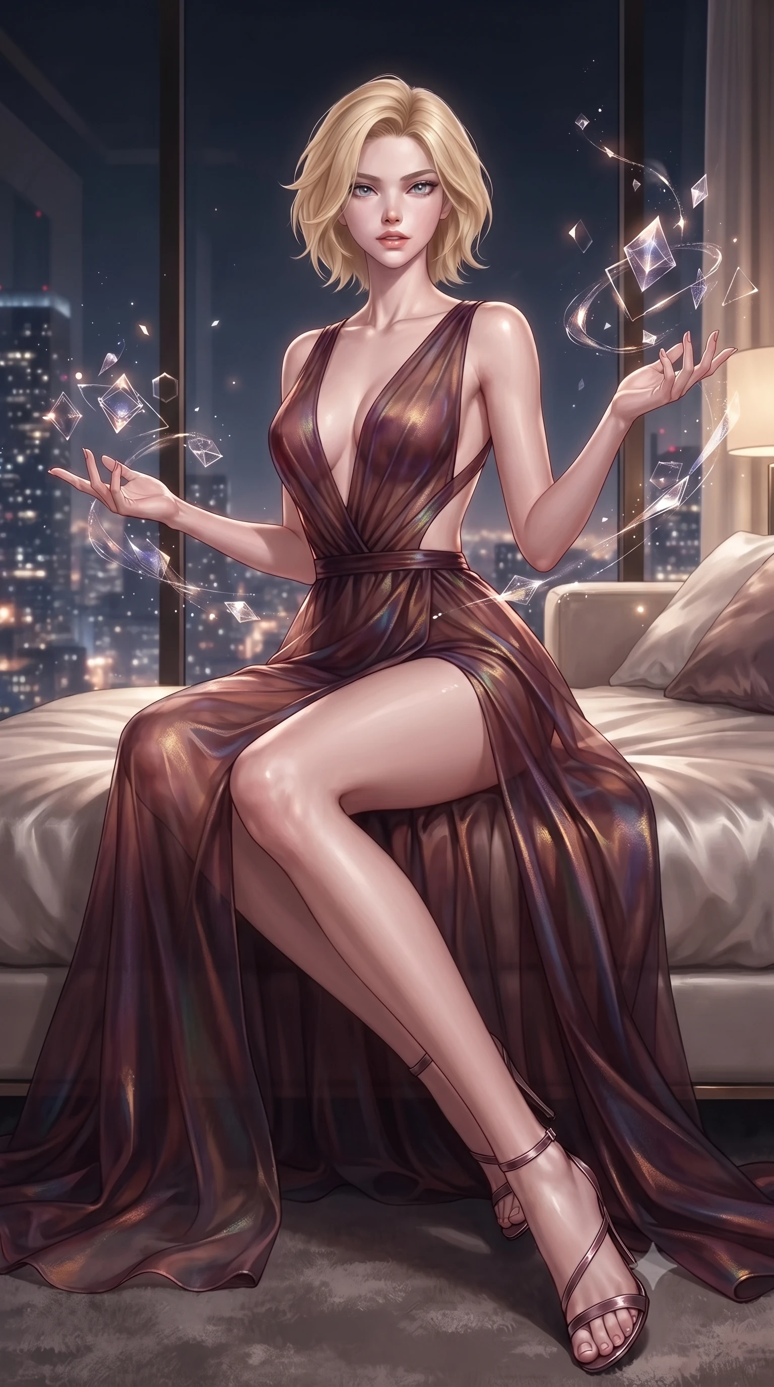 score_9, masterpiece, best quality, ultra-detailed, high-budget anime keyframe, editorial fashion photography, tasteful artistic composition, Caucasian woman. low angle full-body shot from head to toe showing her feet, filling the entire 9:16 vertical frame with her statuesque presence, stretching her vertical silhouette. interacting gracefully with the magical floating elements while maintaining a confident posture sitting on a plush silk daybed in a high-rise luxury penthouse overlooking city lights, glistening city skyline lights twinkling softly through the massive window. She has an absolutely perfect, statuesque 8.5-heads proportion, an exceptionally tall and slender model-like female figure with impossibly long slender legs and an ultra-slim waist. sharp v-shaped jawline, high-bridge nose, intricate jewel-like eyes with depth, thick eyelashes, glossy lips with a natural sheen. wearing a translucent iridescent chiffon gown with a plunging neckline and open back in deep burgundy and bronze, woven from fine semi-opaque sheer organza, featuring clean architectural cutouts along her slender torso, the elegant draped fit framing her graceful clavicle and slender torso. bathed in warm luxury ambient lighting and soft silver moonlight accents. ultra-reflective glossy finish, specular highlights, metallic sheen, high-contrast stereoscopic depth, volumetric dynamic lighting, 2k, ultra detail, master piece, 9:16 ratio