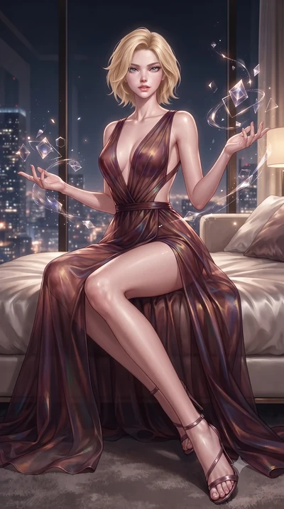 score_9, masterpiece, best quality, ultra-detailed, high-budget anime keyframe, editorial fashion photography, tasteful artistic composition, Caucasian woman. low angle full-body shot from head to toe showing her feet, filling the entire 9:16 vertica