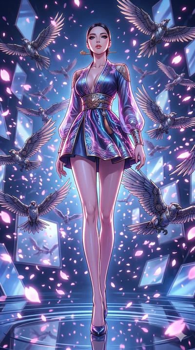 score_9, masterpiece, best quality, ultra-detailed, Set A: High-budget Anime Keyframe, Korean woman. Low angle cowboy shot filling the entire 9:16 frame with her statuesque presence. Standing victoriously through a dimension of floating mirrors, surr