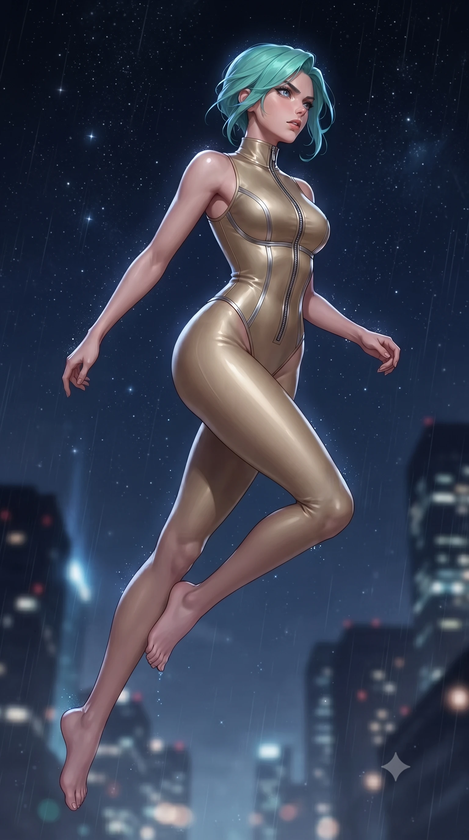 score_9, masterpiece, best quality, ultra-detailed, high-budget anime keyframe, editorial fashion photography, tasteful artistic composition, Japanese woman. low angle full-body shot from head to toe showing her feet, filling the entire 9:16 vertical frame with her statuesque presence, stretching her vertical silhouette. leaping dynamically through the starry space, her posture full of power and elegance, looking back over her shoulder as city skyscraper lights form soft bokeh, alluring nocturnal lifestyle composition. She has an absolutely perfect, statuesque 8.5-heads proportion, an exceptionally tall and slender model-like female figure with impossibly long slender legs and an ultra-slim waist. sharp v-shaped jawline, high-bridge nose, intricate jewel-like eyes with depth, thick eyelashes, glossy lips with a natural sheen. wearing sleek high-neck ribbed activewear bodysuit in matte black in champagne gold, made of high-gloss liquid vinyl, finished with metallic silver boning and sleek zipper points, contouring every curve with an exceptionally elegant silhouette. surrounded by a cool rain-soaked ambiance with sharp rim highlights. highly saturated vibrant anime colors, detailed shading with soft gradients, rich glossy textures, high-contrast stereoscopic depth, volumetric dynamic lighting, master piece, 9:16 ratio