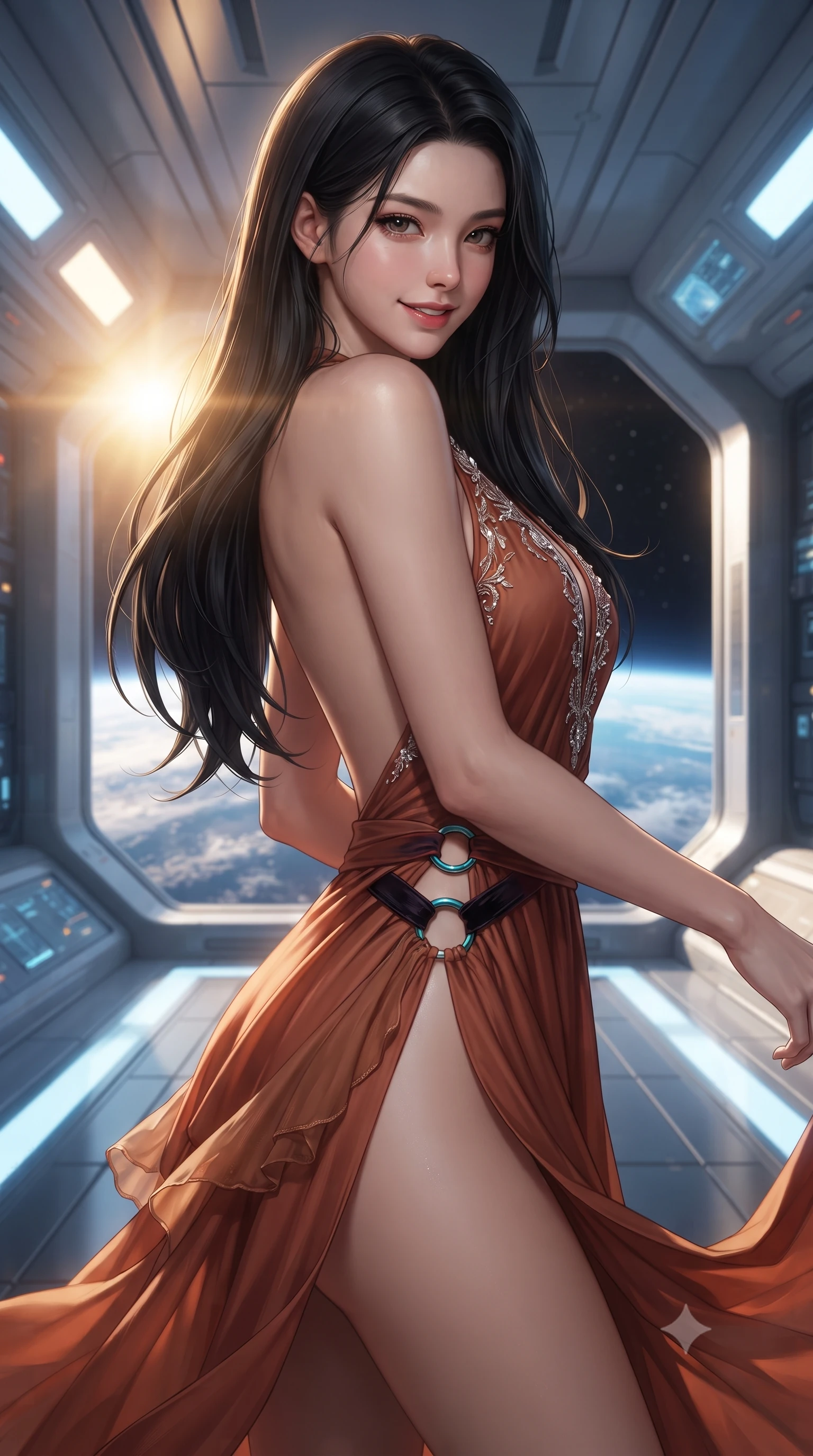 score_9, masterpiece, best quality, ultra-detailed, high-budget anime keyframe, editorial fashion photography, tasteful artistic composition, Korean woman. close-up cowboy shot from the waist and thighs up, the character dominates the composition, filling the frame with her large presence. turning over a bare shoulder with an intoxicating, teasing smile, her soft hair framing her sharp jawline as her hips angle gracefully while pivoting gracefully along the illuminated orbital corridor, her liquid metallic garments clinging to her sculpted flat midriff and feminine hips. The surrounding environment is rendered in vivid detail and crisp panoramic clarity. epic high-contrast orbital sci-fi chiaroscuro and transcendent space-age luxury aesthetics in precision. She has an exceptionally elegant, slender, and willowy female figure with an ultra-slim waist, flat toned midriff, narrow ribcage, and sculpted feminine hips creating an alluring, slim hourglass silhouette without bulk. sharp v-shaped jawline, high-bridge nose, intricate jewel-like eyes with depth, thick eyelashes, glossy parted lips with a natural sheen, intensely captivating and seductive bedroom-eyes expression, flawlessly proportioned anatomical accuracy, strict slender model proportions, natural body alignment, perfectly sculpted long slender limbs, ultra-slim waistline, clean dynamic posture without body distortion. wearing a backless terracotta silk wrap dress featuring high-cut side hip slits and turquoise ring hardware in phantom obsidian black and blood-red velvet, woven from layered gossamer chiffon with a weightless sweeping drape, finished with delicate crystal frost embroidery tracing the plunging neckline, the second-skin form-contouring cut accentuating her sculpted flat midriff, narrow delicate ribcage, and gracefully curvy hips with supermodel precision. bathed in radiant golden orbital sunrise backlighting and ambient cool blue Earth glow from below. ultra-reflective glossy finish, specular highlights, rich textural contrasts, high-contrast stereoscopic depth, volumetric dynamic lighting, 2k, ultra detail, master piece, 9:16 ratio