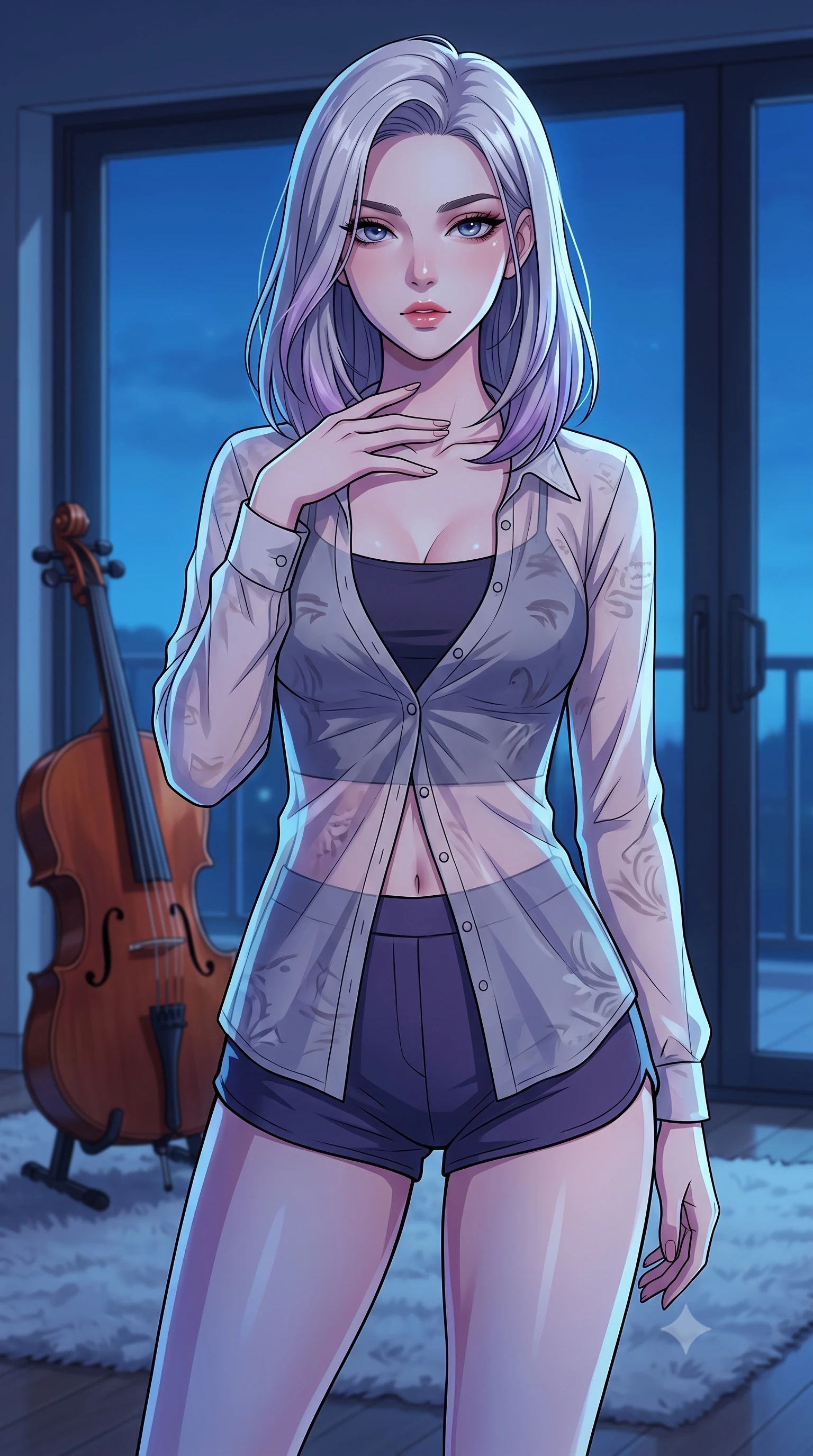 score_9, masterpiece, best quality, ultra-detailed, high-budget anime keyframe, tasteful artistic composition, Caucasian woman. close-up cowboy shot from the waist and thighs up, the character dominates the composition, filling the frame with her large presence, background elements kept in soft focus. standing with one hand resting on her collarbone, looking at the viewer with bedroom-eyes the background shows a soft-focus a modern minimal studio with a cello resting on a plush rug near a glass door. She has an exceptionally elegant, slender, and willowy female figure with an ultra-slim waist, a gracefully sculpted slender torso, and a refined silhouette. sharp v-shaped jawline, high-bridge nose, intricate jewel-like eyes with depth, thick eyelashes, glossy lips with a natural sheen. wearing a body-hugging lightweight chiffon cover-up shirt worn open over a crop top and high-cut shorts. cool blue twilight sky glow casting cool highlights on her form. highly saturated vibrant anime colors, cel-shading, 2d style, master piece, 9:16 ratio