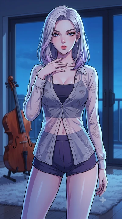 score_9, masterpiece, best quality, ultra-detailed, high-budget anime keyframe, tasteful artistic composition, Caucasian woman. close-up cowboy shot from the waist and thighs up, the character dominates the composition, filling the frame with her lar