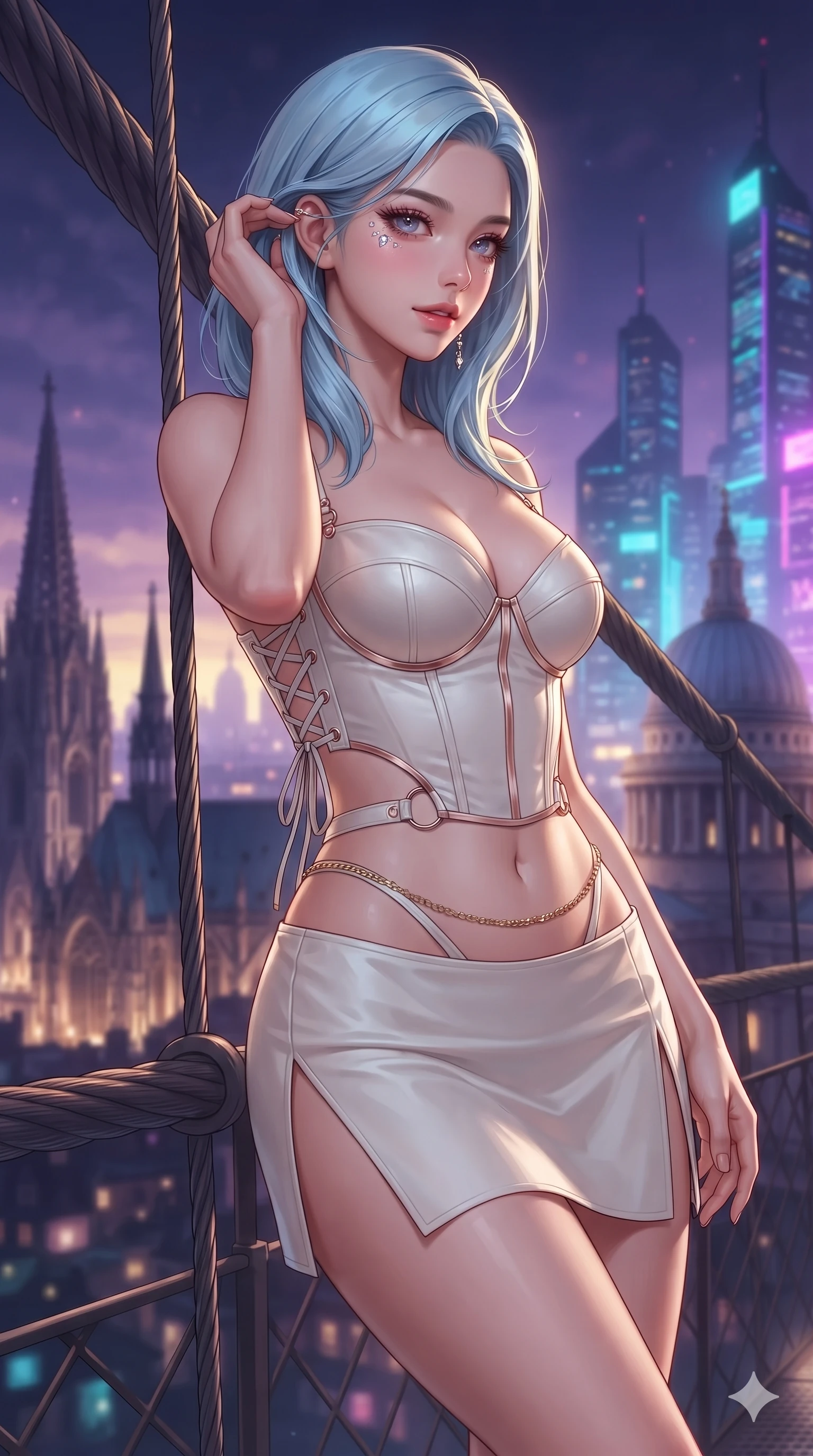 score_9, masterpiece, best quality, ultra-detailed, high-budget anime keyframe, editorial fashion photography, tasteful artistic composition, Korean woman. close-up cowboy shot from the waist and thighs up, the character dominates the composition, filling the frame with her large presence. gently brushing a lock of hair behind her ear while casting a playful, flirtatious side-gaze with long eyelashes while leaning against the structural bridge cables with hips cocked back, gazing into the glittering twilight expanse with intoxicating bedroom-eyes. The background shows a soft-focus gothic spires and neoclassical domes blending into soaring cyberpunk neon skyscrapers thousands of meters below blurred into gold, cyan, and deep violet bokeh. She has an exceptionally elegant, slender, and willowy female figure with an ultra-slim waist, flat toned midriff, narrow ribcage, and sculpted feminine hips creating an alluring, slim hourglass silhouette without bulk. sharp v-shaped jawline, high-bridge nose, intricate jewel-like sparkling eyes with depth, thick eyelashes, glossy parted lips with a natural sheen, intensely captivating and seductive bedroom-eyes expression, exuding both youthful cute charm and sovereign luxury allure, flawlessly proportioned anatomical accuracy, strict slender model proportions, natural body alignment, perfectly sculpted long slender limbs, ultra-slim waistline, clean dynamic posture without body distortion. wearing a sculpted matte satin underwire crop corset with lace-up side ties paired with a low-rise micro skirt in celestial porcelain white and rose-gold, adorned with delicate chrome ring hardware and cutouts along her slender waist, accented with a delicate gold chain belt resting loosely on her curvy hips, the high-slit wrap tailoring accentuating her ultra-slim waistline and the enchanting curve of her feminine hips with alluring seductive charm. illuminated by glass floor bounce and sharp gold-cyan rim lights defining her razor-sharp jawline, narrow waist, and curvy hips. ultra-reflective glossy finish, specular highlights, rich textural contrasts, high-contrast stereoscopic depth, volumetric dynamic lighting, 2k, ultra detail, master piece, 9:16 ratio