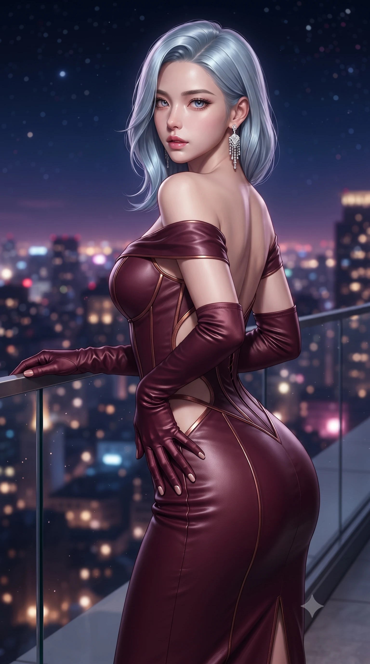 score_9, masterpiece, best quality, ultra-detailed, high-budget anime keyframe, editorial fashion photography, tasteful artistic composition, Korean woman. close-up cowboy shot from the waist and thighs up, the character dominates the composition, filling the frame with her large presence. resting one manicured hand delicately on her hip bone, her upper body turning in a fluid, seductive S-curve while parted lips glisten in the light while resting both hands on the low glass railing with lower back arched, casting an alluring over-the-shoulder bedroom-glance toward the camera. The composition keeps background elements in soft focus with creamy bokeh. sprawling metropolis skyscraper light grids and starry midnight skies blurred into deep sapphire, magenta, and champagne-gold bokeh. She has an exceptionally elegant, slender, and willowy female figure with an ultra-slim waist, a gracefully sculpted slender torso, toned flat midriff, and rounded feminine hips creating an alluring hourglass silhouette. sharp v-shaped jawline, high-bridge nose, intricate jewel-like eyes with depth, thick eyelashes, glossy parted lips with a natural sheen, intensely captivating and seductive bedroom-eyes expression, flawlessly proportioned anatomical accuracy, strict slender model proportions, natural body alignment, perfectly sculpted long slender limbs, ultra-slim waistline, clean dynamic posture without body distortion. wearing a statuesque off-shoulder evening dress with a boned corset bodice and bodycon silhouette in rich wine burgundy and liquid bronze, crafted from second-skin supple lambskin leather with specular sheen, complemented by opera-length satin gloves and sparkling chandelier earrings, the precision-cut side openings and low-back scoop framing her graceful spine and the sensual sweep of her hips. surrounded by a cosmopolitan, elite, and intensely magnetic modern royalty aura. ultra-reflective glossy finish, specular highlights, rich textural contrasts, high-contrast stereoscopic depth, volumetric dynamic lighting, 2k, ultra detail, master piece, 9:16 ratio