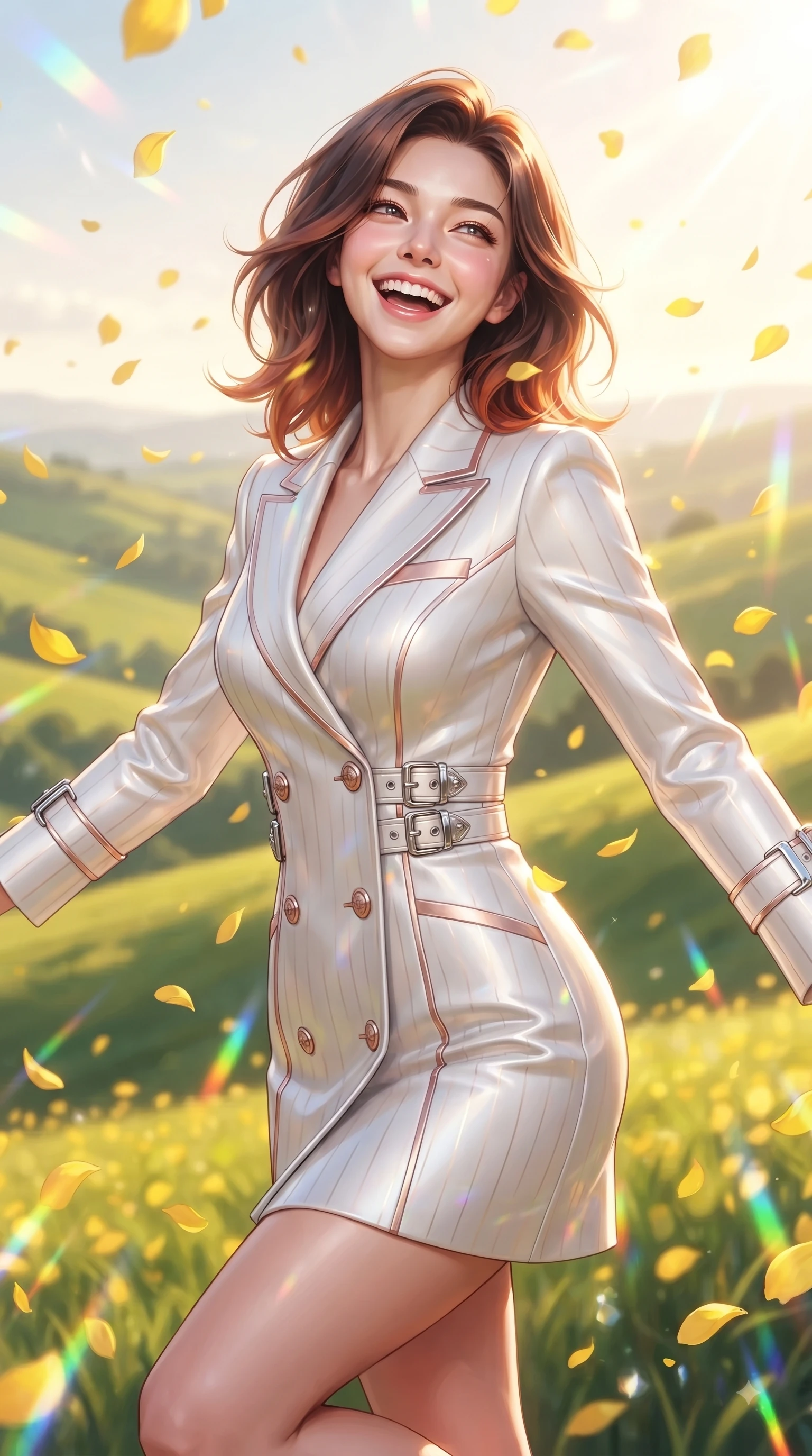 score_9, masterpiece, best quality, ultra-detailed, high-budget anime keyframe, editorial fashion photography, tasteful artistic composition, Korean woman. close-up cowboy shot from the waist and thighs up, the character dominates the composition, filling the frame with her large presence, background elements kept in soft focus. Tilting her chin up with a beaming smile of pure delight while balancing dynamically amidst the scene while spinning in mid-air with a delighted laughing expression as yellow petals rain around her, a sweeping vista of rolling green hills glowing in warm bright sunlight. She has an exceptionally elegant, slender, and willowy female figure with an ultra-slim waist, a gracefully sculpted slender torso, and a refined silhouette. sharp v-shaped jawline, high-bridge nose, intricate jewel-like eyes with depth, thick eyelashes, glossy lips with a natural sheen, flawlessly proportioned anatomical accuracy, natural body alignment, perfectly sculpted elegant limbs, clean dynamic posture without body distortion. wearing a double-breasted blazer dress with subtle metallic pin-stripes in pearl white and rose gold, formed from sleek second-skin neoprene, detailed with polished silver buckles along the waistline, the sleek second-skin texture accentuating her magnetic presence. illuminated by dazzling rainbow refractions and bright, cheerful ambient sky glow. ultra-reflective glossy finish, specular highlights, metallic sheen, high-contrast stereoscopic depth, volumetric dynamic lighting, 2k, ultra detail, master piece, 9:16 ratio