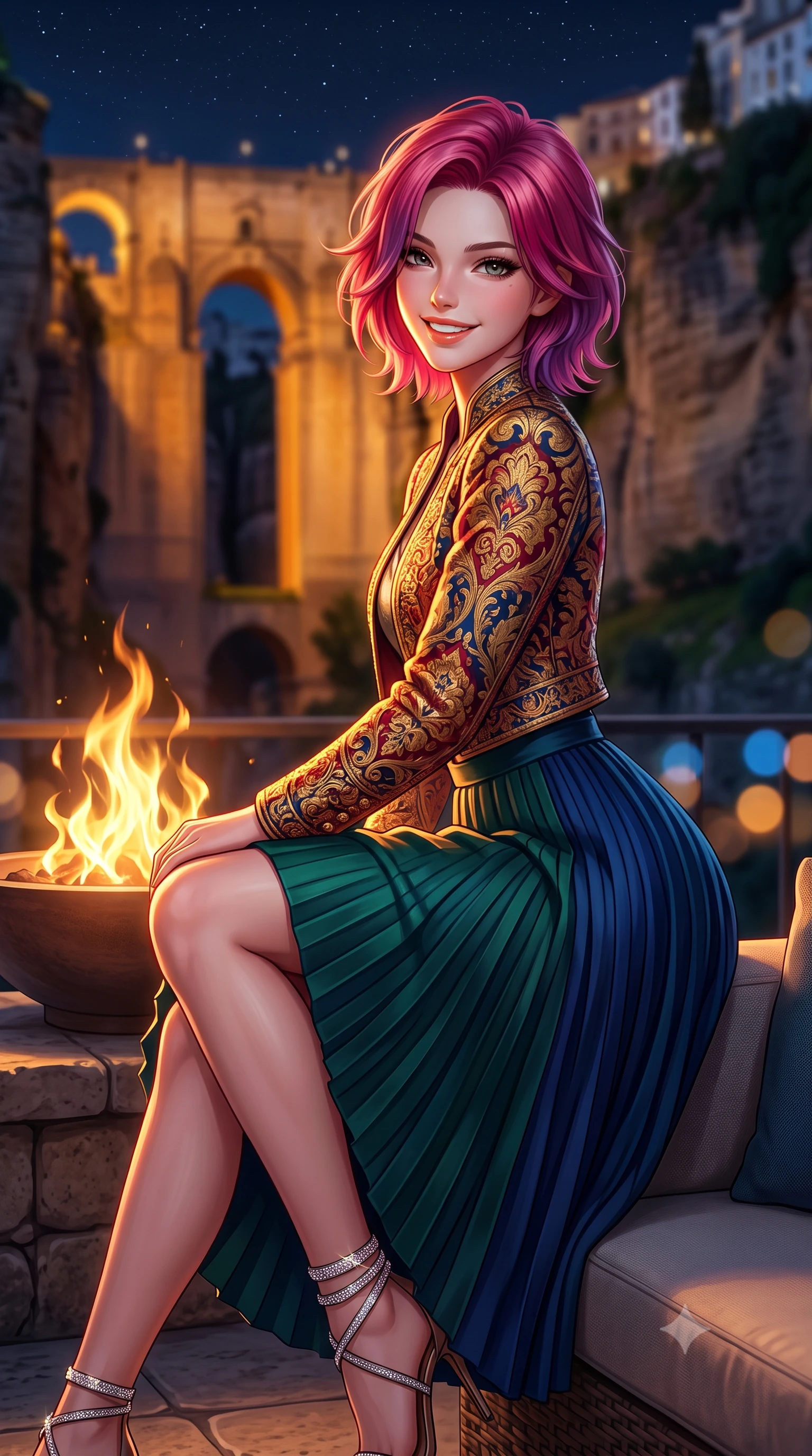 score_9, masterpiece, best quality, ultra-detailed, high-budget anime keyframe, semi-realistic 3D game render, editorial fashion photography, tasteful artistic composition, Caucasian woman. close-up cowboy shot from the waist and thighs up, the character dominates the composition, filling the frame with her large presence. perched sideways on the lounge seat, one knee drawn up to showcase her slender leg line while her arched back accentuates her feminine hip curve while twisting her slender torso in an alluring contrapposto stance beside the terrace fire bowl, golden flame ribbons tracing her narrow waist and hips. The background shows a soft-focus monumental illuminated stone arches of the Puente Nuevo spanning the dark abyss, sheer vertical limestone cliffs, and starry Andalusian sky blurred into amber, slate, and sapphire bokeh. She has an exceptionally elegant, slender, and willowy female figure with an ultra-slim waist, flat toned midriff, narrow ribcage, and sculpted feminine hips creating an alluring, slim hourglass silhouette without bulk. sharp v-shaped jawline, high-bridge nose, intricate jewel-like sparkling eyes with depth, thick eyelashes, glossy parted lips with a natural peach sheen, bright cheerful beaming smile with an enchanting and coquettish sensual glint, exuding both youthful cute charm and seductive allure, flawlessly proportioned anatomical accuracy, strict slender model proportions, natural body alignment, perfectly sculpted long slender limbs, ultra-slim waistline, clean dynamic posture without body distortion. wearing a structured Seville damask brocade riding jacket paired with an A-line accordion pleated midi skirt in Lake Tegernsee emerald glass and royal Bavarian navy, crafted from bespoke double-faced cashmere with an exceptionally soft tactile finish, complemented by strappy stiletto sandals with crystal ankle wraps accentuating her slender calves, the bespoke structured tailoring following the natural line of her 8.5-heads silhouette with refined elegance. illuminated by stone deck bounce and sharp copper-gold rim lights sculpting her jawline, narrow waist, and curvy hips. highly saturated vibrant anime colors, detailed shading with soft gradients, rich glossy textures, high-contrast stereoscopic depth, volumetric dynamic lighting, master piece, 9:16 ratio