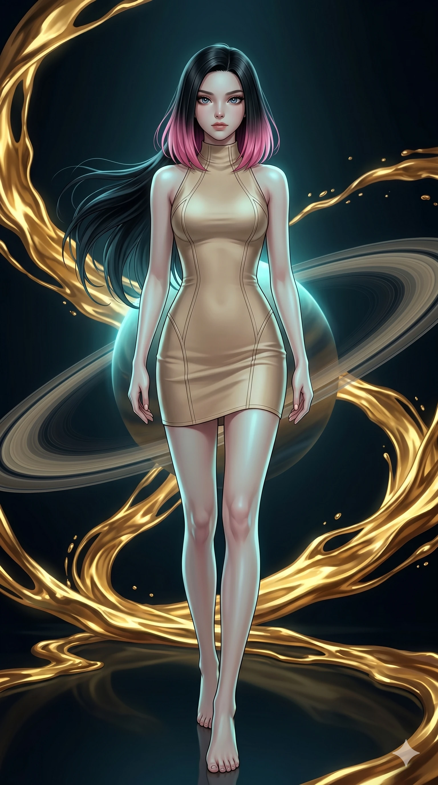 score_9, masterpiece, best quality, ultra-detailed, high-budget anime keyframe, editorial fashion photography, tasteful artistic composition, Korean woman. low angle full-body shot from head to toe showing her feet, filling the entire 9:16 vertical frame with her statuesque presence, stretching her vertical silhouette. Walking in slow-motion with dramatic hair movement behind her inside a celestial forge where rivers of liquid gold flow around orbiting planetary rings. She has an absolutely perfect 8-heads proportion, an exceptionally tall and slender female figure with impossibly long slender legs and an ultra-slim waist. V-shaped jawline, high-bridge nose, intricate jewel-like eyes with depth, thick eyelashes, glossy lips with a natural sheen. wearing a precision-engineered bodycon mini dress in deep champagne scuba fabric that contours every curve with architectural seaming, featuring a high structured neckline and an elevated hemline at mid-thigh. illuminated by soft aqua bioluminescent light that makes her skin luminously glow against the dark. 2k, ultra detail, master piece, 9:16 ratio