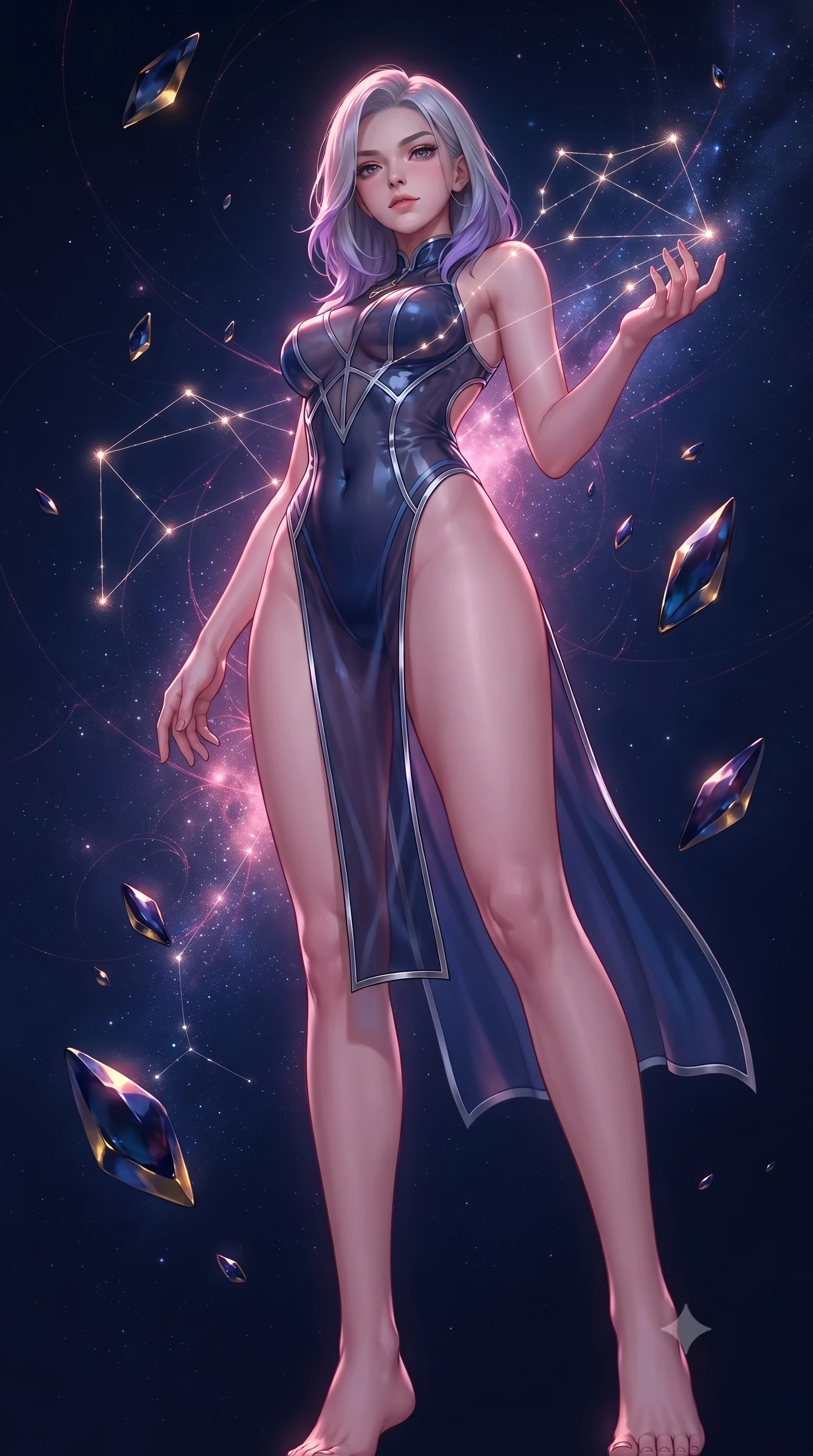score_9, masterpiece, best quality, ultra-detailed, high-budget anime keyframe, editorial fashion photography, tasteful artistic composition, Caucasian woman. low angle full-body shot from head to toe showing her feet, filling the entire 9:16 vertical frame with her statuesque presence, stretching her vertical silhouette. interacting gracefully with the magical floating elements while maintaining a confident posture navigating a constellation map woven from starlight threads, floating meteor shards reflecting deep navy and gold hues. She has an absolutely perfect, statuesque 8.5-heads proportion, an exceptionally tall and slender model-like female figure with impossibly long slender legs and an ultra-slim waist. sharp v-shaped jawline, high-bridge nose, intricate jewel-like eyes with depth, thick eyelashes, glossy lips with a natural sheen. wearing a high-cut translucent vinyl leotard with front paneling and open back in midnight navy blue and chrome trim, woven from fine semi-opaque sheer organza, finished with a sleek side slit ascending to mid-thigh, the form-contouring material highlighting her ultra-slim waist and long lines. bathed in radiant cosmic pink and deep navy blue ambient light. highly saturated vibrant anime colors, detailed shading with soft gradients, rich glossy textures, high-contrast stereoscopic depth, volumetric dynamic lighting, master piece, 9:16 ratio