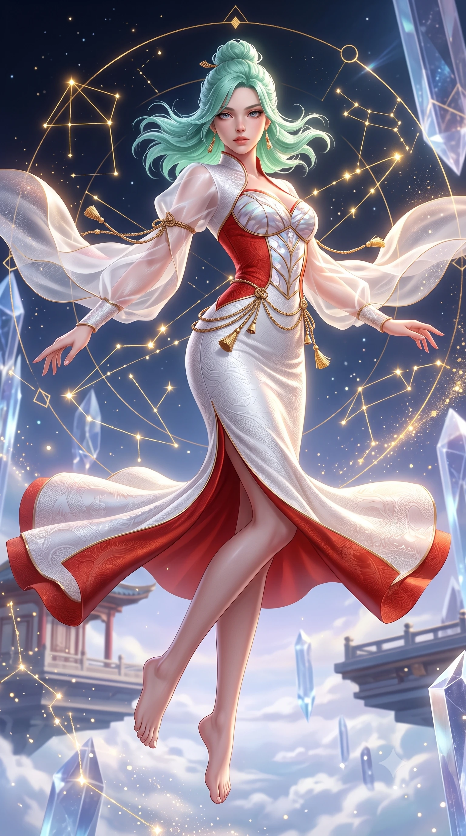 score_9, masterpiece, best quality, ultra-detailed, high-budget anime keyframe, semi-realistic 3D game render, editorial fashion photography, tasteful artistic composition, Japanese woman. low angle full-body shot from head to toe showing her feet, filling the entire 9:16 vertical frame with her statuesque presence, stretching her vertical silhouette. landing lightly on the balls of her feet in a balanced kinetic stance, eyes locked onto the camera with fearless allure while pivoting dynamically in mid-air with an athletic yet alluring arch of her spine, weaving through floating golden constellations. The surrounding environment is rendered in vivid detail and crisp panoramic clarity. transcendent zero-gravity chiaroscuro and cosmic oriental palace aesthetics captured with precision. She has an absolutely perfect, statuesque 8.5-heads proportion, an exceptionally tall and slender model-like female figure with impossibly long slender legs, a toned flat midriff, and an ultra-slim waist. sharp v-shaped jawline, high-bridge nose, intricate jewel-like eyes with depth, thick eyelashes, glossy lips with a natural sheen, captivating and magnetic expression, flawlessly proportioned anatomical accuracy, strict slender model proportions, natural body alignment, perfectly sculpted long slender limbs, ultra-slim waistline, clean dynamic posture without body distortion. wearing a modern fusion silk hanbok dress with sheer organza butterfly sleeves and a structured mother-of-pearl bodice in pure snow white and vermilion red, made of rich textured jacquard silk with dragon scale weave, accessorized with delicate gold bell tassels and braided silk cords, the sleek tailored cut tightly hugging her graceful clavicle, narrow waist, and feminine curves with statuesque precision. surrounded by an immortal, transcendent, and breathtakingly majestic cosmos empress aura. highly saturated vibrant anime colors, detailed shading with soft gradients, rich glossy textures, high-contrast stereoscopic depth, volumetric dynamic lighting, master piece, 9:16 ratio