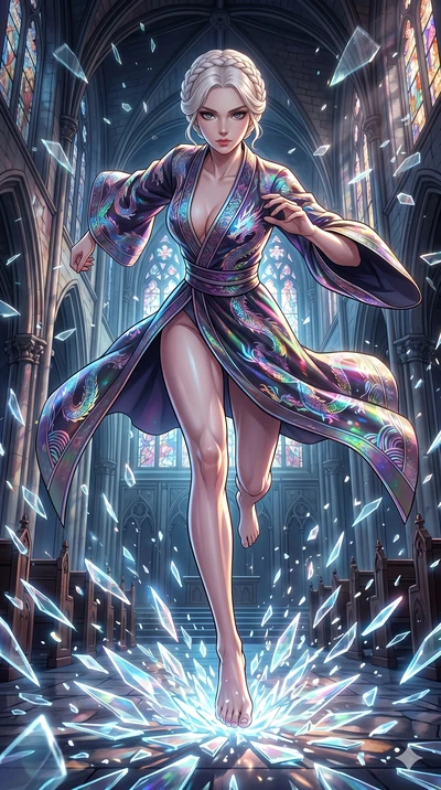 score_9, masterpiece, best quality, ultra-detailed, Set A: High-budget Anime Keyframe, Korean woman. Low angle cowboy shot filling the entire 9:16 frame with her statuesque presence. Sprinting through a shattered glass cathedral, as the ground beneat