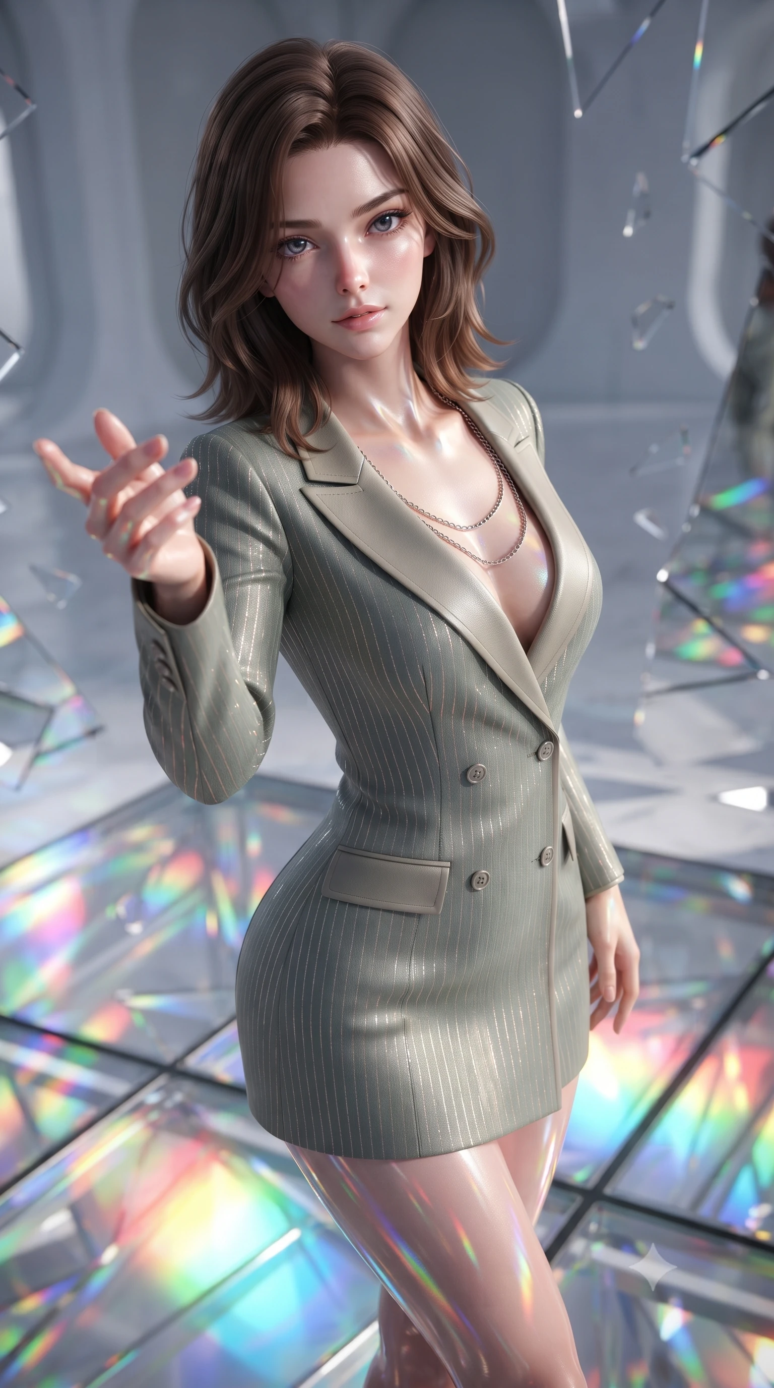 score_9, masterpiece, best quality, ultra-detailed, high-budget anime keyframe, editorial fashion photography, tasteful artistic composition, Korean woman. close-up cowboy shot from the waist and thighs up, the character dominates the composition, filling the frame with her large presence, background elements kept in soft focus. Reaching her hand gracefully toward the camera with magnetic allure, her torso turning in a dynamic S-curve alignment while pivoting gracefully on a glass floor drenched in vibrant multi-color light reflections, a kaleidoscope of refractions forming geometric light patterns on her skin. She has an exceptionally elegant, slender, and willowy female figure with an ultra-slim waist, a gracefully sculpted slender torso, and a refined silhouette. sharp v-shaped jawline, high-bridge nose, intricate jewel-like eyes with depth, thick eyelashes, glossy lips with a natural sheen, flawlessly proportioned anatomical accuracy, natural body alignment, perfectly sculpted elegant limbs, clean dynamic posture without body distortion. wearing a double-breasted blazer dress with subtle metallic pin-stripes in sage green and oatmeal, made of fine carbon-fiber weave and soft matte leather, adorned with delicate metallic chain straps along the neckline, the elegant draped fit framing her graceful clavicle and slender torso. bathed in brilliant multi-color rainbow light refracting through mirror fragments. ultra-reflective glossy finish, specular highlights, metallic sheen, high-contrast stereoscopic depth, volumetric dynamic lighting, 2k, ultra detail, master piece, 9:16 ratio
