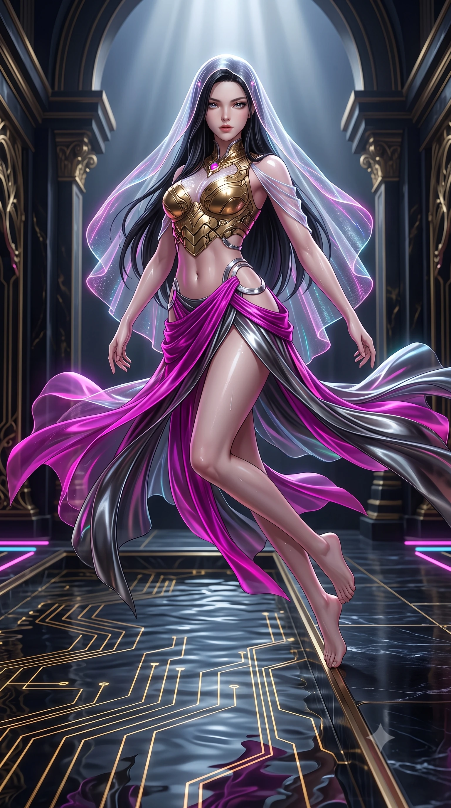 score_9, masterpiece, best quality, ultra-detailed, high-budget anime keyframe, semi-realistic 3D game render, editorial fashion photography, tasteful artistic composition, Korean woman. low angle full-body shot from head to toe showing her feet, filling the entire 9:16 vertical frame with her statuesque presence, stretching her vertical silhouette. performing an alluring mid-air vault with flawless poise, looking directly into the camera with regal, divine intensity while stepping along the pool edge with an ethereal, captivating gaze as golden circuit lines pulse beneath the liquid metal. The surrounding environment is rendered in vivid detail and crisp panoramic clarity. deep environmental chiaroscuro and sacred technological sanctuary architecture rendered with precision. She has an absolutely perfect, statuesque 8.5-heads proportion, an exceptionally tall and slender model-like female figure with impossibly long slender legs, a toned flat midriff, and an ultra-slim waist. sharp v-shaped jawline, high-bridge nose, intricate jewel-like eyes with depth, thick eyelashes, glossy lips with a natural sheen, flawlessly proportioned anatomical accuracy, strict slender model proportions, natural body alignment, perfectly sculpted long slender limbs, ultra-slim waistline, clean dynamic posture without body distortion. wearing an ethereal translucent cyber-veil paired with a sculpted golden mechanical cuirass and high-fashion draped silk skirt in vibrant electric magenta and ultra-reflective dark titanium, crafted from delicate iridescent organza interwoven with luminescent micro-fibers, detailed with polished silver rings connecting the daring side-waist cutouts, the liquid-tight tailored fabric emphasizing every curve of her tall, slender model proportions and sculptured silhouette during dynamic movement. illuminated by crisp white key lighting with specular metallic highlights tracing her slender curves. rich saturated anime colors with glowing neon highlights, detailed shading with soft gradients, rich glossy textures, high-contrast stereoscopic depth, volumetric dynamic lighting, master piece, 9:16 ratio