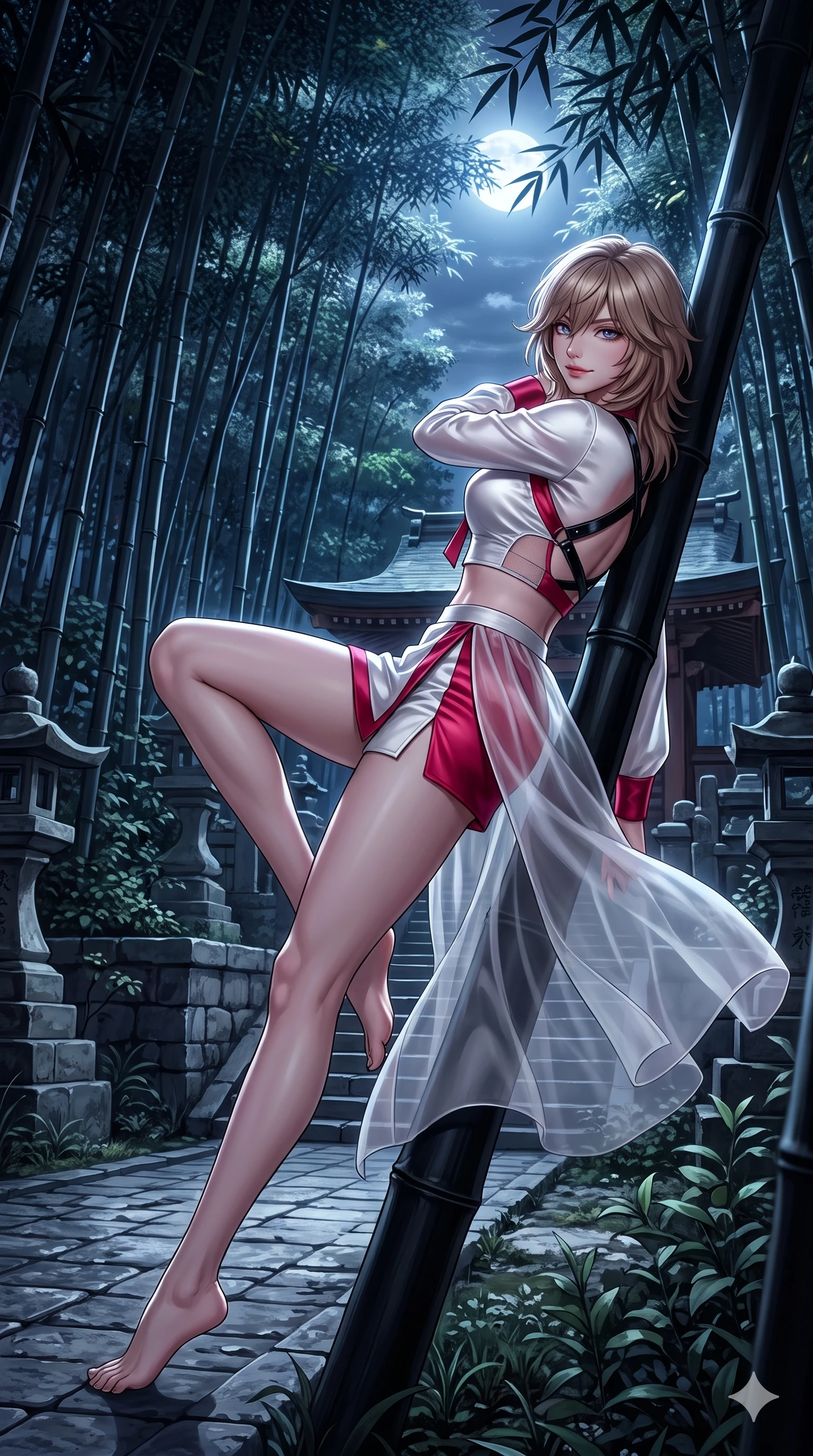 score_9, masterpiece, best quality, ultra-detailed, high-budget anime keyframe, semi-realistic 3D game render, editorial fashion photography, tasteful artistic composition, Japanese woman. low angle full-body shot from head to toe showing her feet, filling the entire 9:16 vertical frame with her statuesque presence, stretching her vertical silhouette. reclining on her side in an elegant Cleopatra pose with one knee drawn up, the dramatic contour of her rounded hips and long slender legs commanding the 9:16 vertical frame while leaning against a black bamboo stalk with hips cocked back, night breezes fluttering her silk garments open around her curves. The surrounding environment is rendered in vivid detail and crisp panoramic clarity: detailed liquid-tight silk halter leotard tailoring, sheer nobang overskirt, and traditional shrine stonework in razor-sharp precision. She has an absolutely perfect, statuesque 8.5-heads proportion, an exceptionally tall and slender model-like female figure with impossibly long slender legs, an ultra-slim waist, a flat toned midriff, narrow delicate ribcage, and beautifully sculpted feminine hips creating a graceful, slim hourglass silhouette without any bulky heaviness. sharp v-shaped jawline, high-bridge nose, sparkling eyes with hypnotic seductive depth, thick curled eyelashes, glossy parted lips with a natural dewy peach sheen, alluring bedroom-eyes with an enchanting coquettish smile, exuding magnetic siren charisma and sophisticated glamour, flawlessly proportioned anatomical accuracy, strict slender model proportions, natural body alignment, perfectly sculpted long slender limbs, ultra-slim waistline, clean dynamic posture without body distortion. wearing a liquid-look silk satin jeogori crop top with low-back scoop paired with high-slit wrap mini shorts in pure snow white and vivid cherry blossom crimson, featuring strategic sheer-illusion micro-mesh cutouts along her ribcage and hip flanks, featuring an open-back criss-cross harness strap in patent black leather, the precision-cut side openings and low-back scoop framing her graceful spine and the sensual sweep of her slim, toned hips. bathed in crisp silver moonlight filtering down through dense bamboo canopies creating intricate linear shadows. highly saturated vibrant anime colors, detailed shading with soft gradients, rich glossy textures, high-contrast stereoscopic depth, volumetric dynamic lighting, master piece, 9:16 ratio
