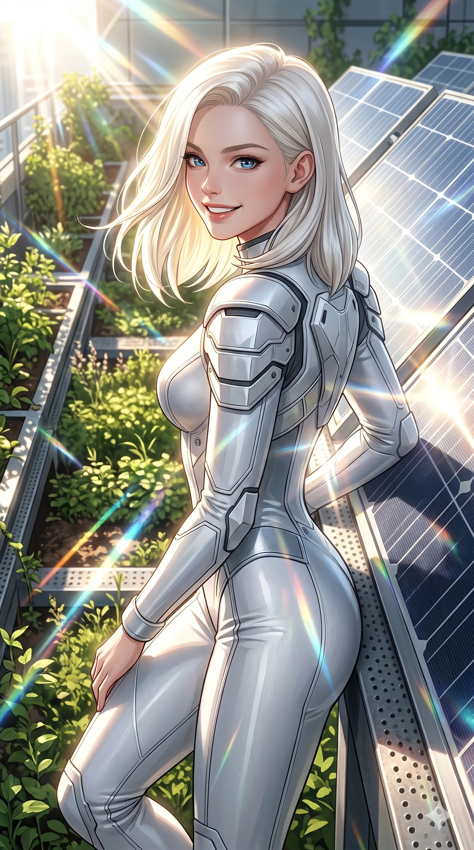score_9, masterpiece, best quality, ultra-detailed, high-budget anime keyframe, editorial fashion photography, tasteful artistic composition, Caucasian woman, strictly human ears. Upper body close-up from the thighs up, character filling the screen for maximum presence. On an organic rooftop garden next to solar panels, leaning against a panel frame, looking back with a confident smile. She is wearing a sleek white and silver jumpsuit with structured shoulder panels. The scene is drenched in blindingly bright sun rays and sharp lens flares. 2k, ultra detail, master piece, 9:16 ratio