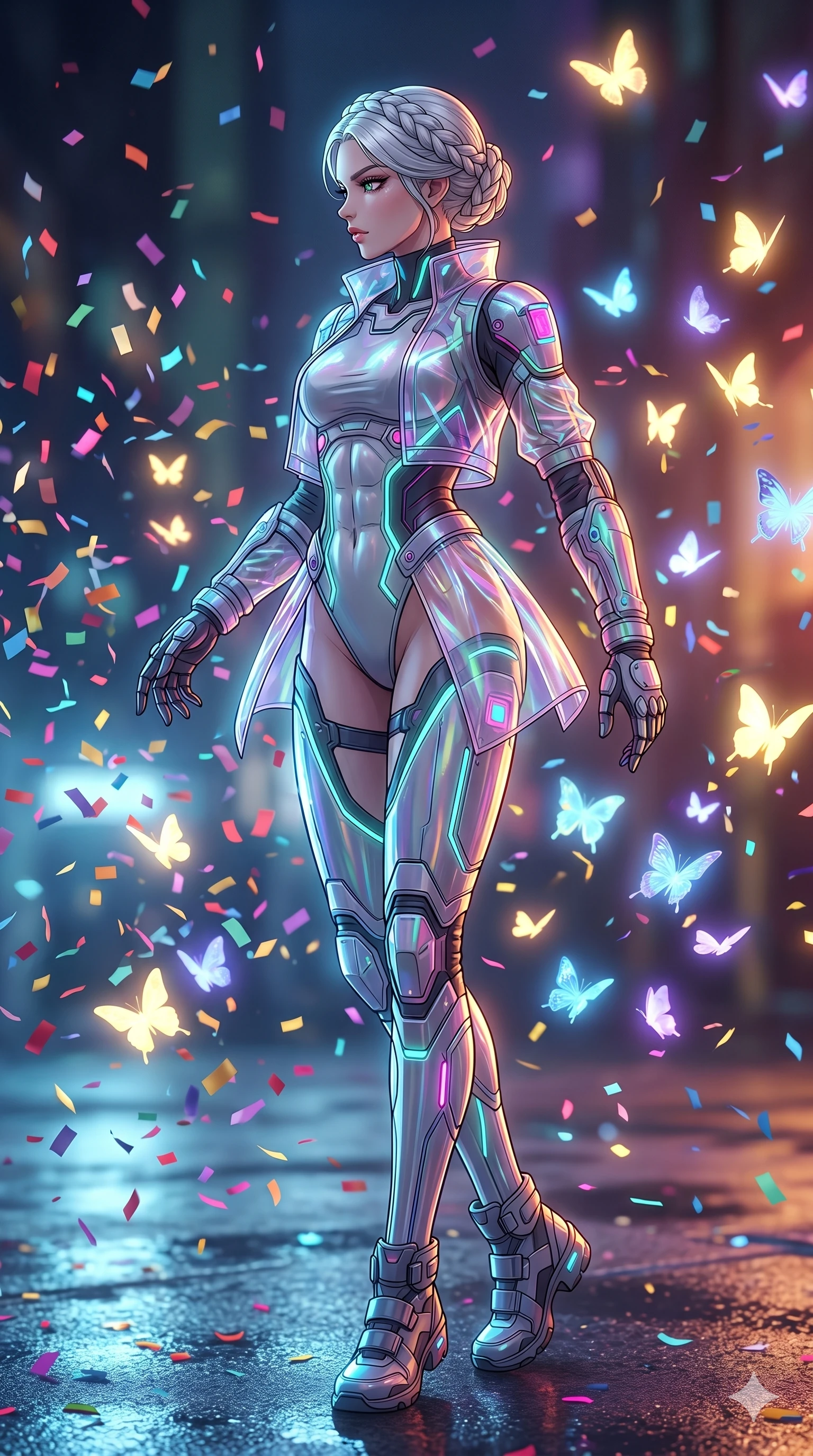 score_9, masterpiece, best quality, ultra-detailed, high-budget anime movie keyframe, cinematic anime lighting, intricate line art, Japanese woman. Low angle cowboy shot capturing a powerful motion and statuesque presence. spinning in a rain of confetti that turns into glowing butterflies. She has an absolutely perfect 8-heads proportion, an exceptionally tall and slender female figure with an ultra-slim waist and impossibly long slender legs. strictly human anatomy, two legs only, no extra limbs, clearly defined legs and arms, perfect anatomy, perfect hands and fingers. sharp v-shaped jawline, high-bridge nose, intricate jewel-like eyes, thick eyelashes, glossy lips. Wearing Tech-Fantasy: Cybernetic tech-suit with glowing seams, translucent PVC over leotard, and modular tactical gear. The scene is illuminated by dramatic atmospheric lighting and vibrant color palettes. , 2k, ultra detail, master piece, 9:16 ratio