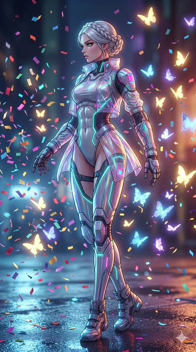 score_9, masterpiece, best quality, ultra-detailed, high-budget anime movie keyframe, cinematic anime lighting, intricate line art, Japanese woman. Low angle cowboy shot capturing a powerful motion and statuesque presence. spinning in a rain of confe