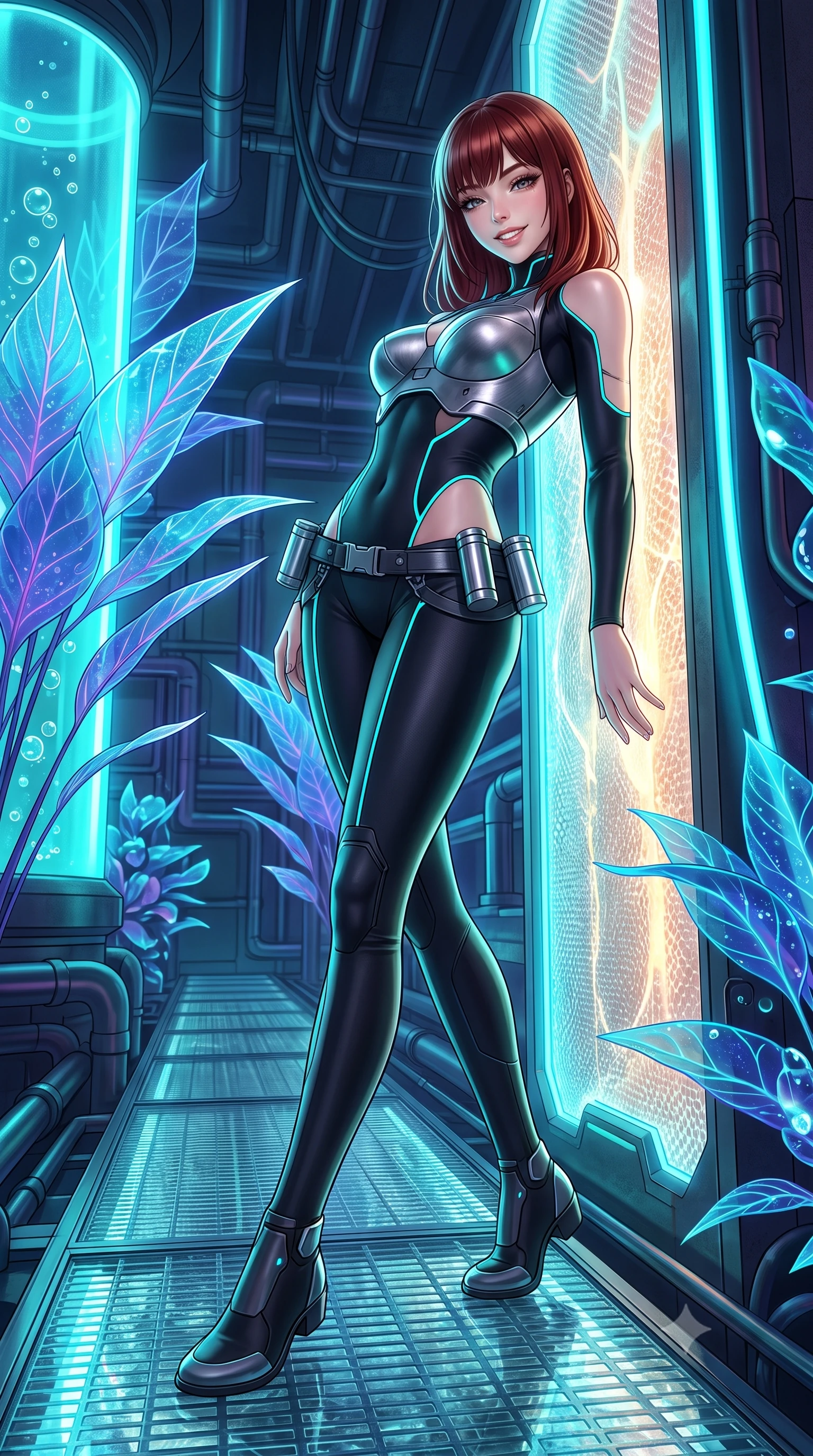 score_9, masterpiece, best quality, ultra-detailed, high-budget anime keyframe, semi-realistic 3D game render, editorial fashion photography, tasteful artistic composition, Caucasian woman. low angle full-body shot from head to toe showing her feet, filling the entire 9:16 vertical frame with her statuesque presence, stretching her vertical silhouette. leaning deep against the glowing energy conduit with hips cocked back in an unapologetically alluring high-fashion stance, flashing a warm beaming smile while walking slowly down the glass catwalk surrounded by towering glowing neon flora, arching her back with an ethereal, sovereign expression. The surrounding environment is rendered in vivid detail and crisp panoramic clarity: sharp translucent plant leaf venation, nutrient pipe bubbles, and glass catwalk grating texture in deep focus. She has an absolutely perfect, statuesque 8.5-heads proportion, an exceptionally tall and slender model-like female figure with impossibly long slender legs, an ultra-slim waist, a flat toned midriff, narrow delicate ribcage, and beautifully sculpted feminine hips creating a graceful, slim hourglass silhouette without any bulky heaviness. sharp v-shaped jawline, high-bridge nose, intricate jewel-like sparkling eyes with depth, thick eyelashes, glossy parted lips with a natural sheen, bright confident smile with an enchanting and coquettish sensual glint, exuding both youthful magnetic charm and sovereign high-tech allure, flawlessly proportioned anatomical accuracy, strict slender model proportions, natural body alignment, perfectly sculpted long slender limbs, ultra-slim waistline, clean dynamic posture without body distortion. wearing a sculpted titanium-alloy breastplate bodice worn over an ultra-tight matte stretch bodysuit with side hip cutouts in matte obsidian black and glowing neon cyan trim, tailored from brushed aeronautical titanium alloy with matte satin sheen, accented with a sleek utility belt with polished magnetic canisters resting loosely on her curvy hips, the form-fitting tactical tailoring adhering flawlessly to her sculpted flat midriff and slender torso, emphasizing her long leg lines and perfectly proportioned willowy build. illuminated by nutrient tank glows and sharp cyan rim lights defining her sculpted collarbones, ultra-slim waist, and curvy hips. highly saturated vibrant anime colors, detailed shading with soft gradients, rich glossy textures, high-contrast stereoscopic depth, volumetric dynamic lighting, master piece, 9:16 ratio