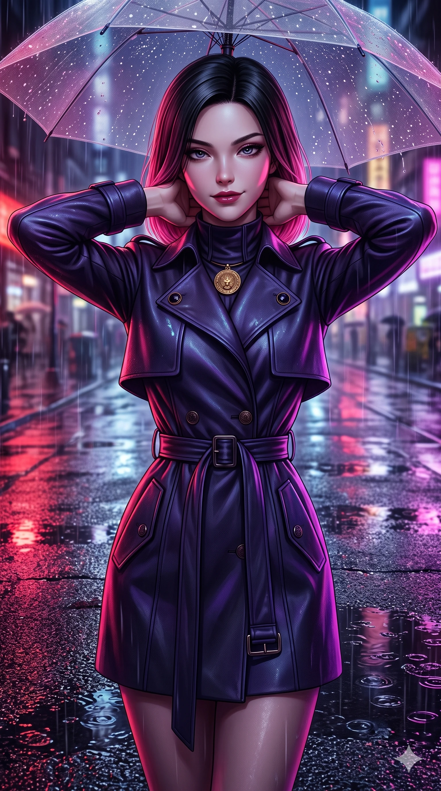 score_9, masterpiece, best quality, ultra-detailed, high-budget anime keyframe, semi-realistic 3D game render, editorial fashion photography, tasteful artistic composition, Korean woman. close-up cowboy shot from the waist and thighs up, the character dominates the composition, filling the frame with her large presence. resting both hands lightly behind her neck with elbows raised, arching her spine to highlight her narrow waist, flat midriff, and breathtaking collarbones while glancing down over lowered lashes before meeting the camera with quiet, devastating intensity, her tailored outfit tracing her ultra-slim waist and hips. The surrounding environment is rendered in vivid detail and crisp panoramic clarity: sharp wet asphalt grit texture, rain droplets beading on the translucent umbrella canopy, and puddle ripple reflections in deep focus. She has an exceptionally elegant, slender, and willowy female figure with an ultra-slim waist, flat toned midriff, narrow ribcage, and sculpted feminine hips creating an alluring, slim hourglass silhouette without bulk. sharp v-shaped jawline, high-bridge nose, intricate jewel-like dark sparkling eyes with dangerous depth, thick curled eyelashes, glossy parted lips with a rich wine sheen, smoldering seductive half-smile with bedroom-eyes, exuding effortless superiority and intoxicating dark allure, flawlessly proportioned anatomical accuracy, strict slender model proportions, natural body alignment, perfectly sculpted long slender limbs, ultra-slim waistline, clean dynamic posture without body distortion. wearing a structured high-collar leather trench coat dress with waist-cinching belt and storm flap in ultraviolet neon and dark rain-soaked shadow tones, woven from bespoke high-density barathea wool with refined ceremonial hold, finished with an authentic engraved gold medallion and obsidian cabochons, the impeccably tailored cut draping gracefully along her slender figure with aristocratic noir poise. illuminated by wet pavement neon puddle bounce and sharp scarlet-magenta rim lights sculpting her razor-sharp jawline, narrow waist, and curvy hips. highly saturated vibrant anime colors, detailed shading with soft gradients, rich glossy textures, high-contrast stereoscopic depth, volumetric dynamic lighting, master piece, 9:16 ratio