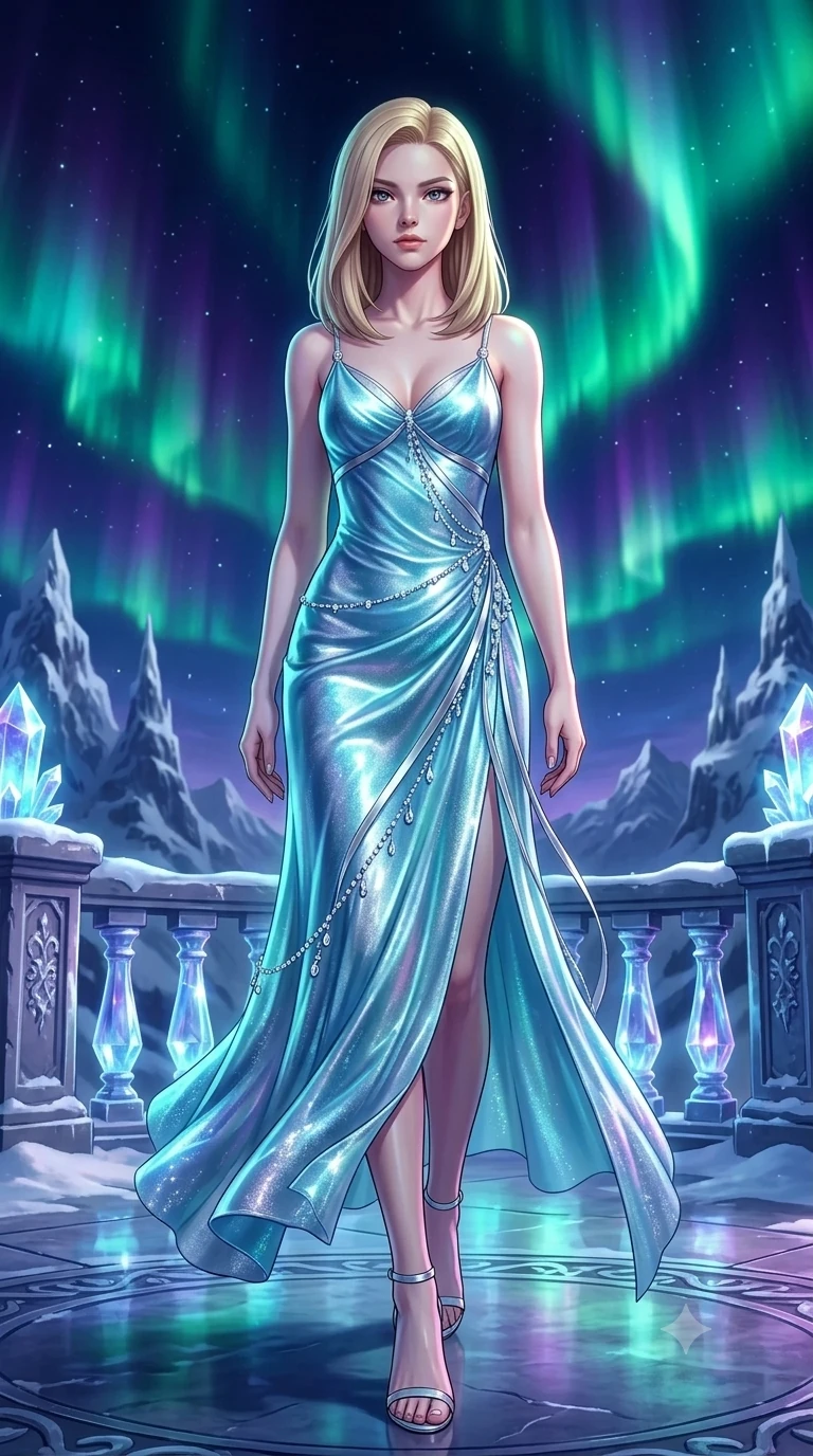 score_9, masterpiece, best quality, ultra-detailed, high-budget anime keyframe, semi-realistic 3D game render, editorial fashion photography, tasteful artistic composition, Korean woman. low angle full-body shot from head to toe showing her feet, filling the entire 9:16 vertical frame with her statuesque presence, stretching her vertical silhouette. stepping slowly toward the camera with hypnotic grace, hips swaying in an alluring sensual rhythm that accentuates her curvy hourglass silhouette and long slender legs while twisting her slender torso in an alluring S-curve, celestial green and violet auroral waves playing across her flat midriff and hourglass curves. The background shows a soft-focus rippling emerald and violet southern aurora curtains across the night sky, distant snow-capped glacial spires, and crystal balustrades blurred into jade, amethyst, and diamond bokeh. She has an exceptionally tall and slender model-like 8.5-heads proportion, an ultra-slim waist, a flat toned midriff, narrow delicate ribcage, and beautifully sculpted feminine hips creating a graceful, slim hourglass silhouette without any bulky heaviness, with impossibly long slender legs. sharp v-shaped jawline, high-bridge nose, intricate jewel-like sparkling eyes with depth, thick eyelashes, glossy parted lips with a natural peach sheen, bright cheerful beaming smile with an enchanting and coquettish sensual glint, exuding both youthful cute charm and seductive allure, flawlessly proportioned anatomical accuracy, strict slender model proportions, natural body alignment, perfectly sculpted long slender limbs, ultra-slim waistline, clean dynamic posture without body distortion. wearing a plunge-front sheer illusion tulle slip dress with liquid platinum ribbon stripes hugging her curves in glacial aurora cyan and starlight silver, woven from stretch metallic lurex jersey casting radiant starlight glints across her curves, finished with delicate crystal-encrusted thigh garter straps glinting in the dim light, the glove-like clinging cut tightly following the natural contour of her hips and long slender legs with youthful 8.5-heads elegance. bathed in the natural undulating luminescence of polar auroras mixed with cool opera stage uplighting. highly saturated vibrant anime colors, detailed shading with soft gradients, rich glossy textures, high-contrast stereoscopic depth, volumetric dynamic lighting, master piece, 9:16 ratio
