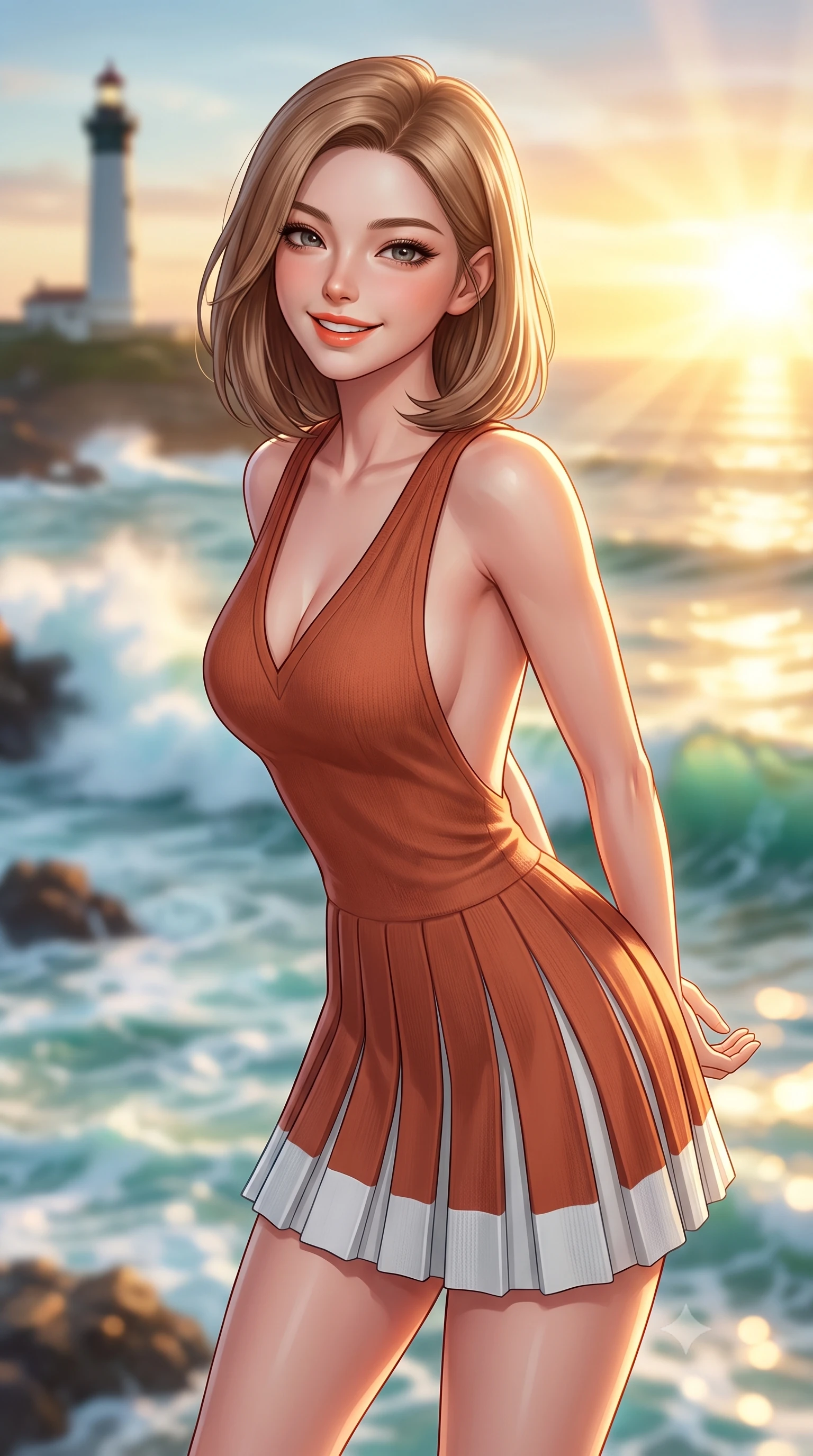 score_9, masterpiece, best quality, ultra-detailed, high-budget anime keyframe, semi-realistic 3D game render, editorial fashion photography, tasteful artistic composition, Korean woman. close-up cowboy shot from the waist and thighs up, the character dominates the composition, filling the frame with her large presence. resting both hands lightly behind her back while leaning toward the lens with a cheerful, teasing grin, her form-fitting athletic suit hugging her narrow waist and hip curve while twisting her slender torso in an alluring contrapposto stance, salty ocean spray and sunset breezes molding her pleated skirt to her hips. The background shows a soft-focus the dramatic rolling Atlantic surf breaking over coastal rocks and the historic Biarritz lighthouse blurred into seafoam, aquamarine, and amber bokeh. She has an exceptionally elegant, slender, and willowy female figure with an ultra-slim waist, flat toned midriff, narrow ribcage, and sculpted feminine hips creating an alluring, slim hourglass silhouette without bulk. sharp v-shaped jawline, high-bridge nose, sparkling eyes with athletic focus and depth, thick curled eyelashes, glossy parted lips with a natural coral-peach sheen, bright confident and coquettish smile with alluring bedroom-eyes, exuding both youthful sporty vigor and sovereign high-society glamour, flawlessly proportioned anatomical accuracy, strict slender model proportions, natural body alignment, perfectly sculpted long slender limbs, ultra-slim waistline, clean dynamic posture without body distortion. wearing a deep V-neck knit tennis dress with an open-back scoop and knife-pleated skirt tracing her narrow waist and hips in classic clay-court terracotta and cloud white, tailored from ultra-soft fine cashmere yarn with an airy athletic drape, complemented by ribbed knit crew socks and clean white designer court sneakers, the precision-cut side openings and low-back scoop framing her graceful spine and the sensual sweep of her slim, athletic hips. bathed in intense golden sunset rays breaking horizontally across the Atlantic Ocean. highly saturated vibrant anime colors, detailed shading with soft gradients, rich glossy textures, high-contrast stereoscopic depth, volumetric dynamic lighting, master piece, 9:16 ratio